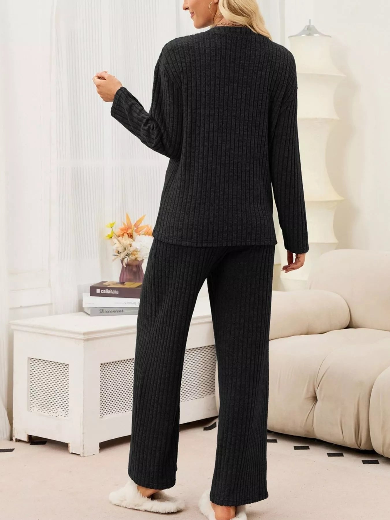 Ribbed Knit Top and Wide-Leg Pants Set
