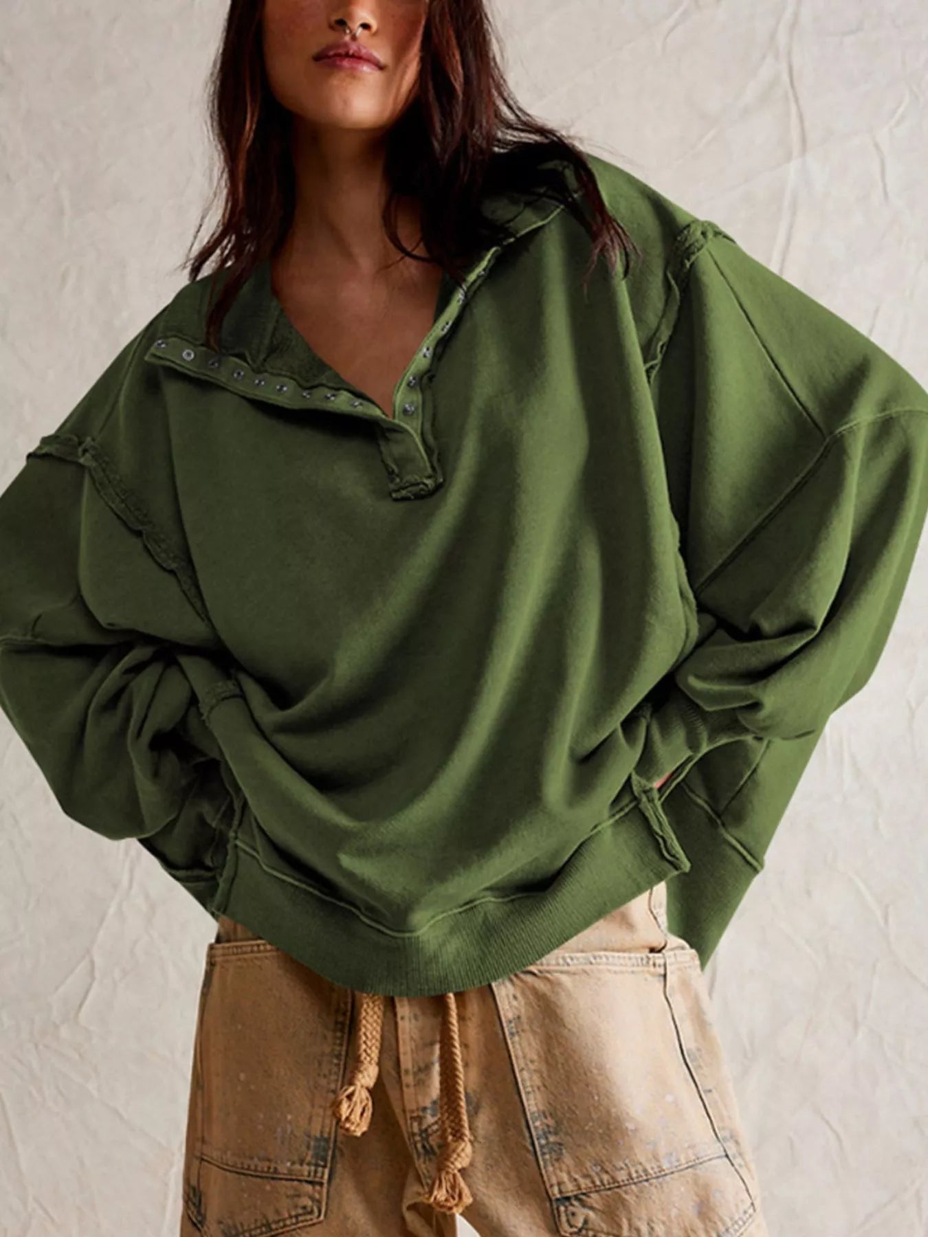 Snap-Button Dropped Shoulder Sweatshirt