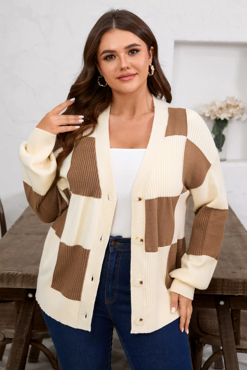 Plus Size Checker Ribbed Knit Buttoned V-Neck Cardigan