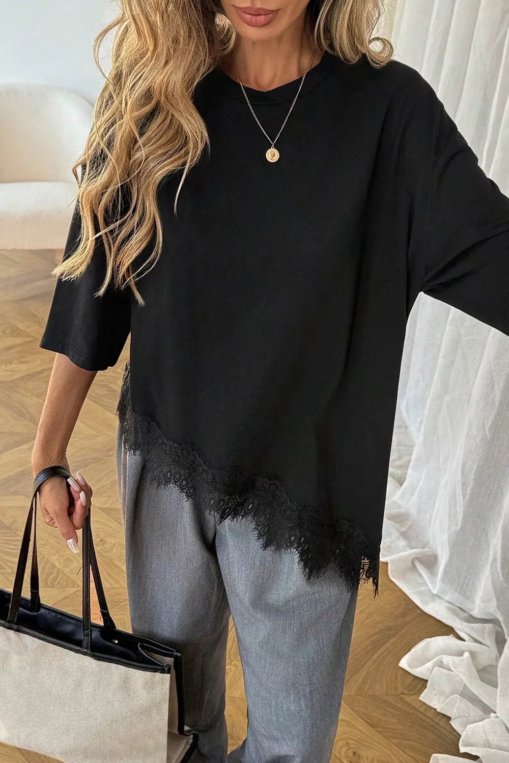 Lace Asymmetrical Hem Round Neck T-Shirt