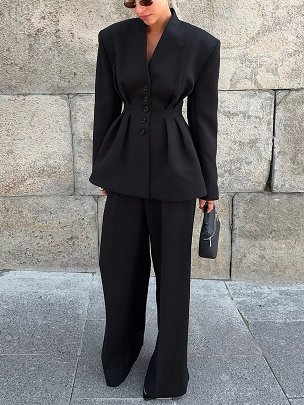 Chic Button Down Pleated Blazer and Wide-Leg Pants Suit Set