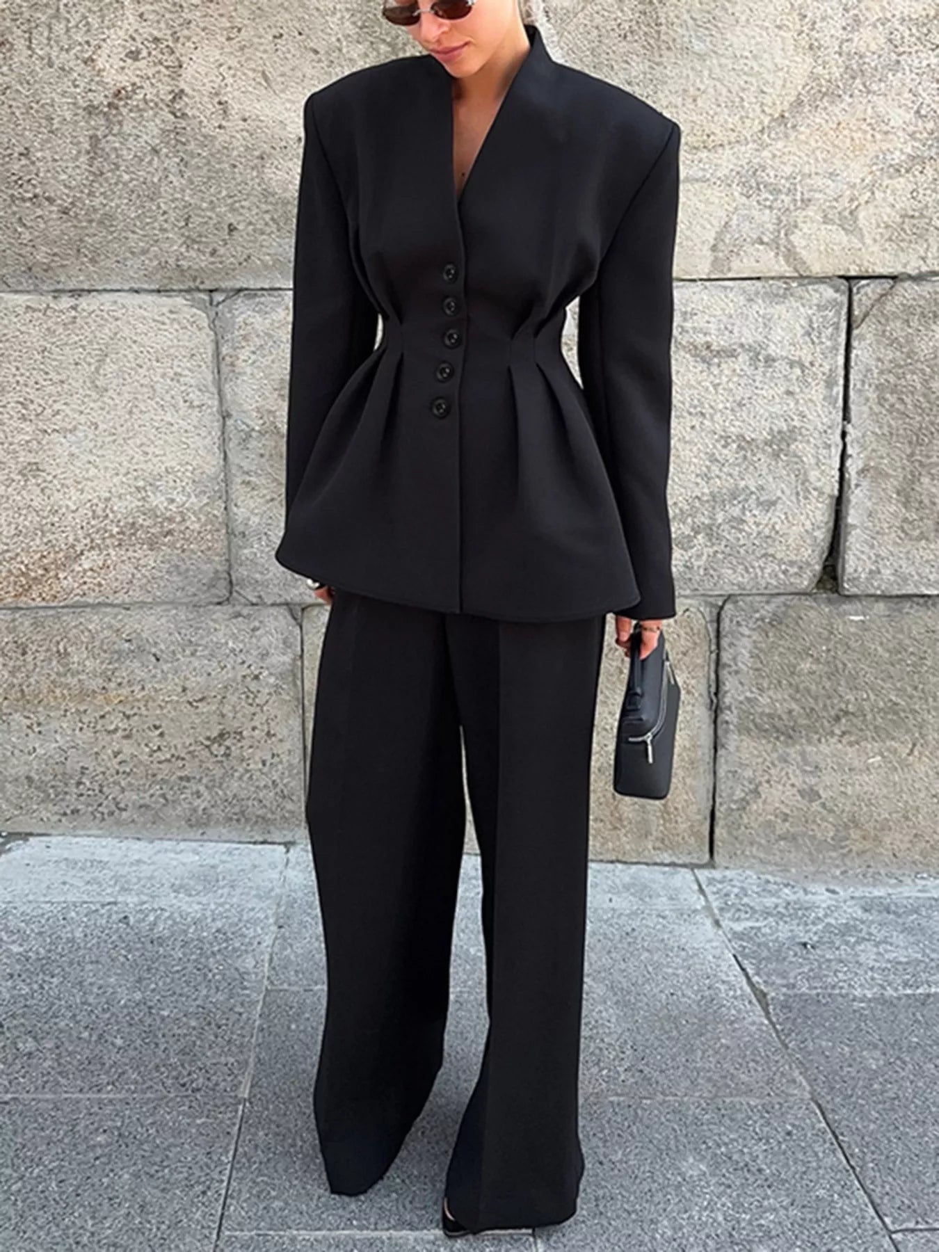 Chic Button Down Pleated Blazer and Wide-Leg Pants Suit Set