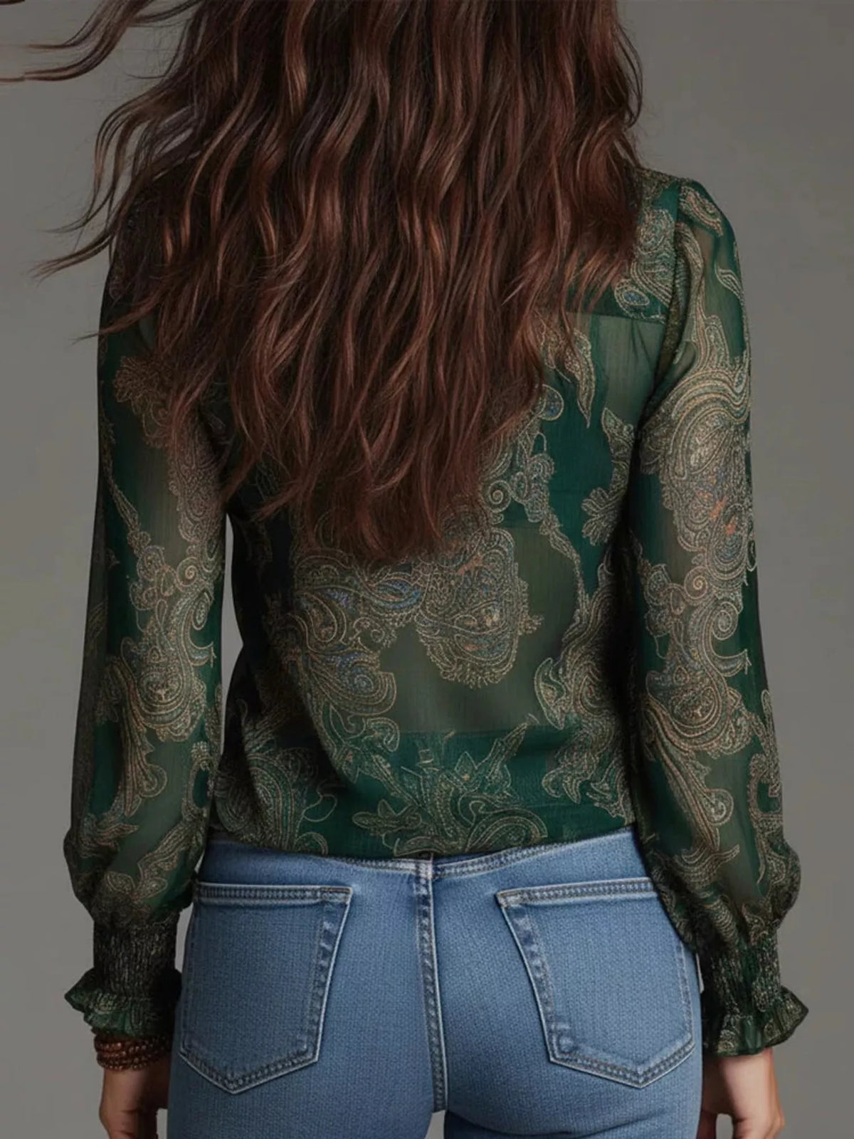 Full Size Paisley Print Ruffle Trim Zip-Front Blouse Plus Size