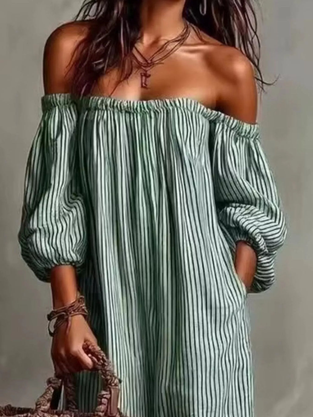 Full Size Off-Shoulder Striped Maxi Dress with Puff Sleeves Plus Size