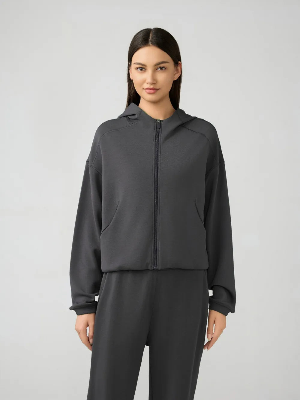Zip-Up Dropped Shoulder Active Hoodie