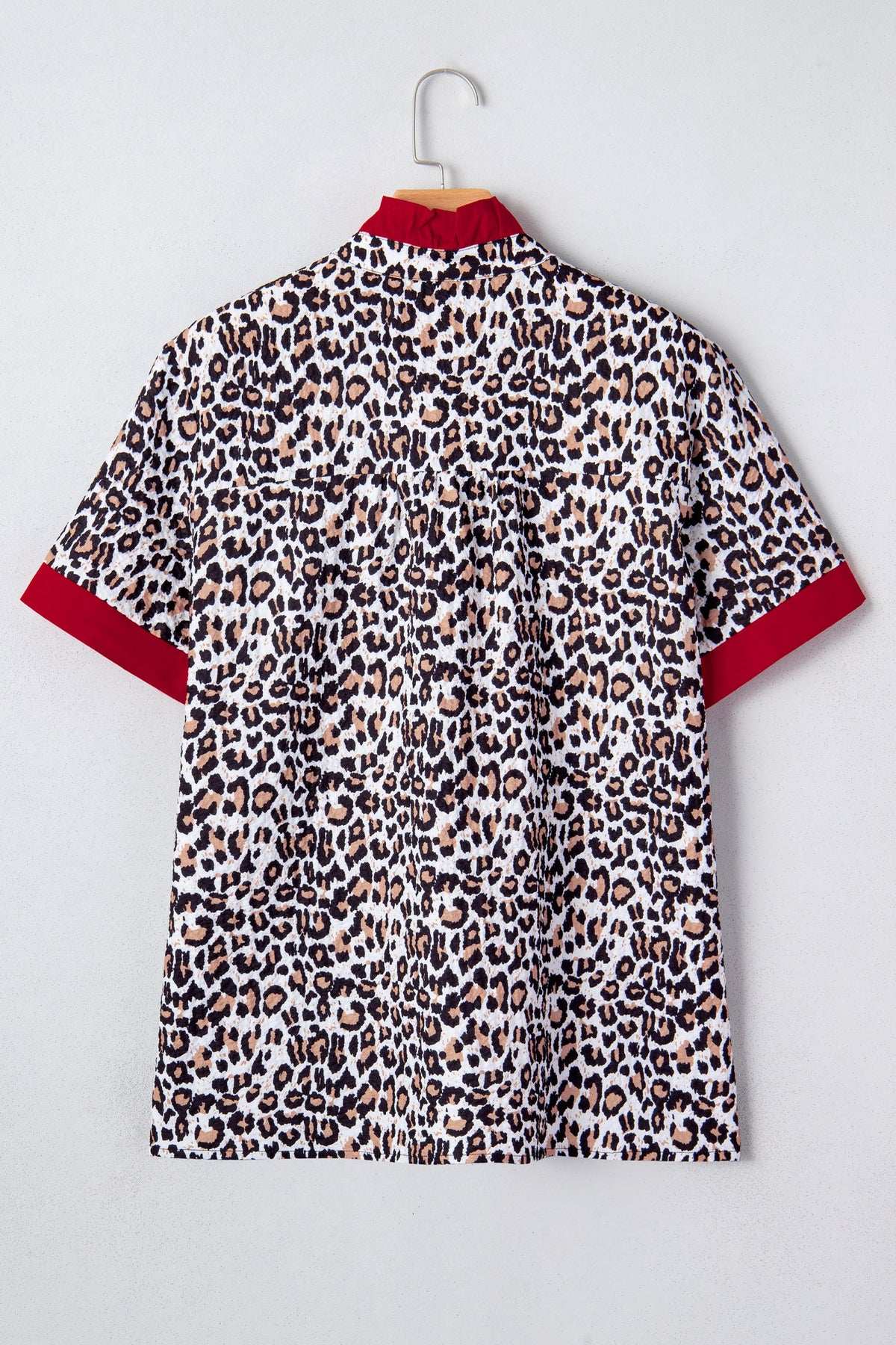 Leopard Contrast Trim Frilled V-Neck Shirt