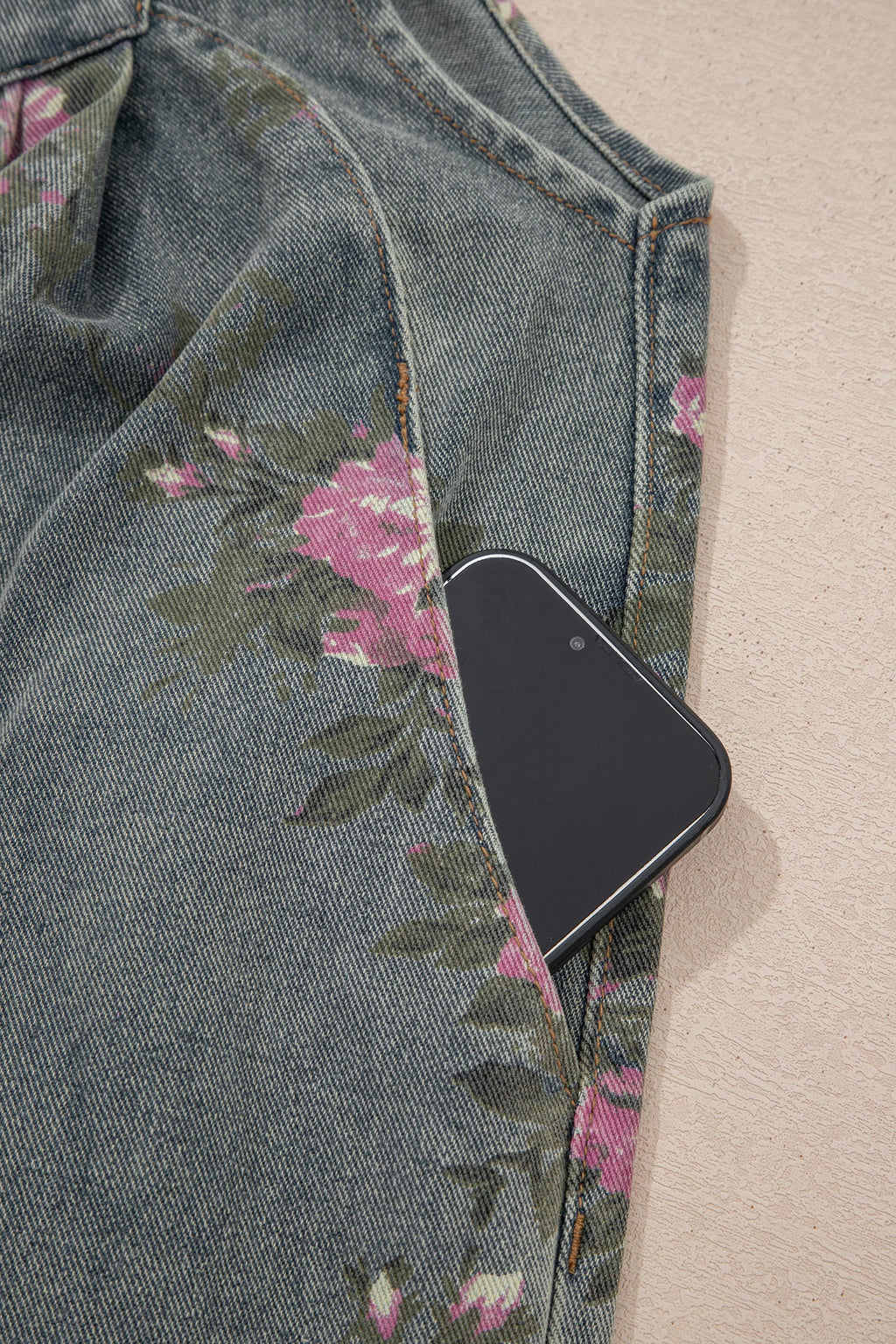 Gray Beau Floral Print Pleated High Waist Wide Leg Denim Jumpsuit