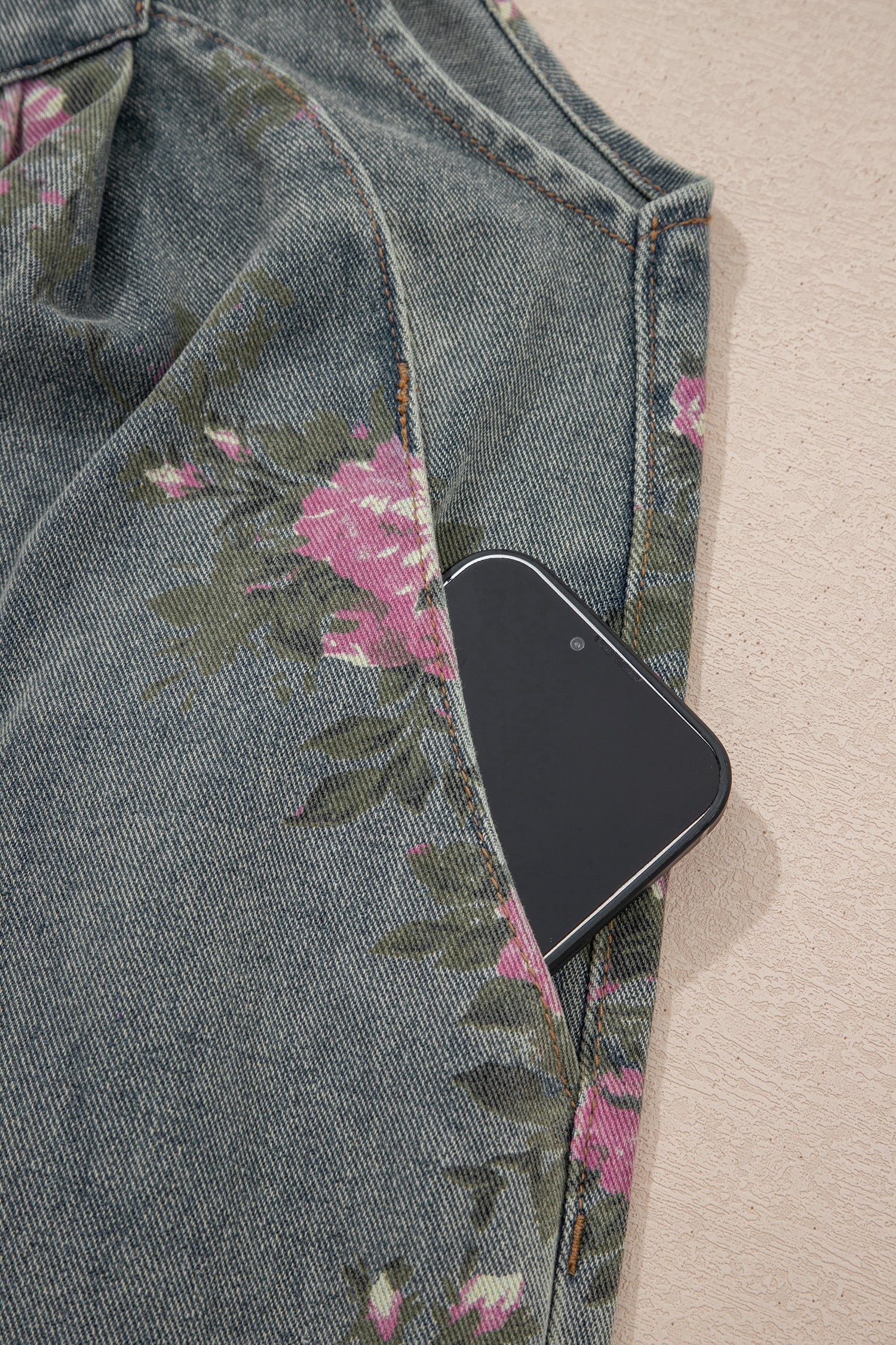 Gray Beau Floral Print Pleated High Waist Wide Leg Denim Jumpsuit