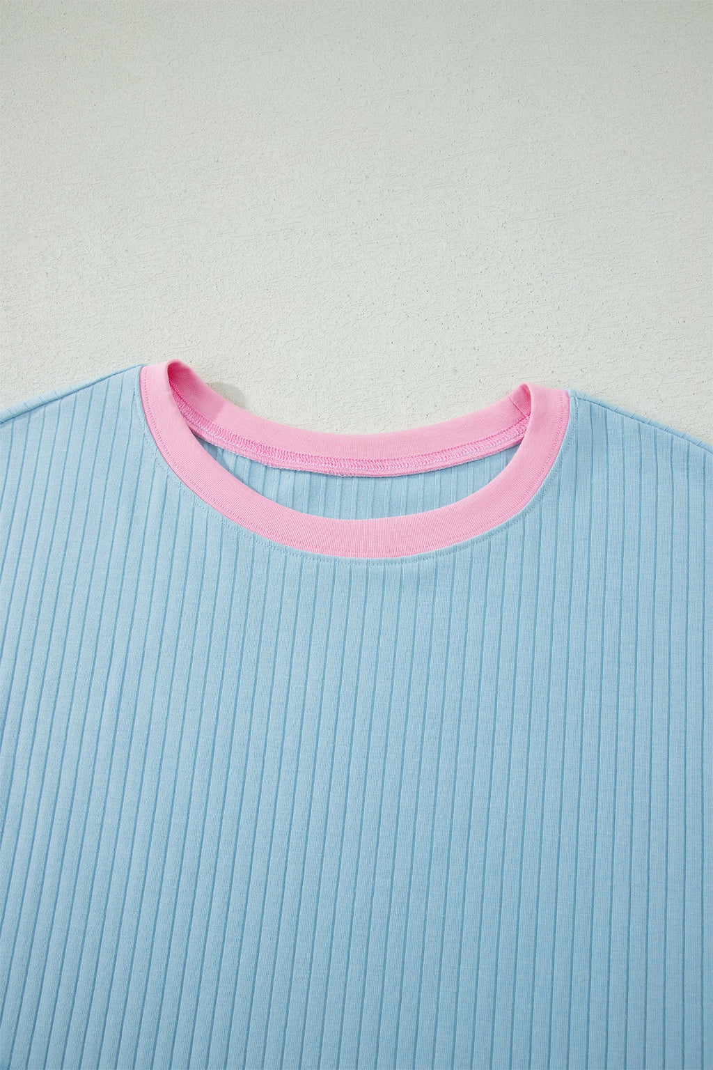 Mist Blue Soft Ribbed Color Block Trim Casual Short Set