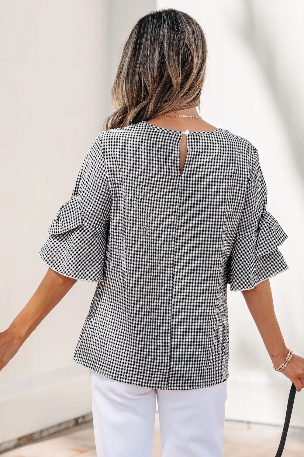 Gingham Bow Half Sleeve Blouse