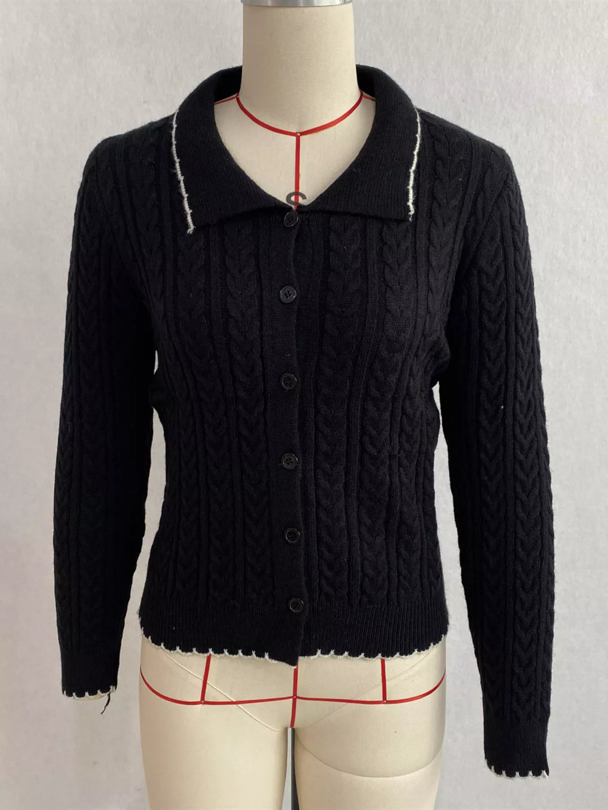 Cable Knit Polo Collar Button-Up Cardigan