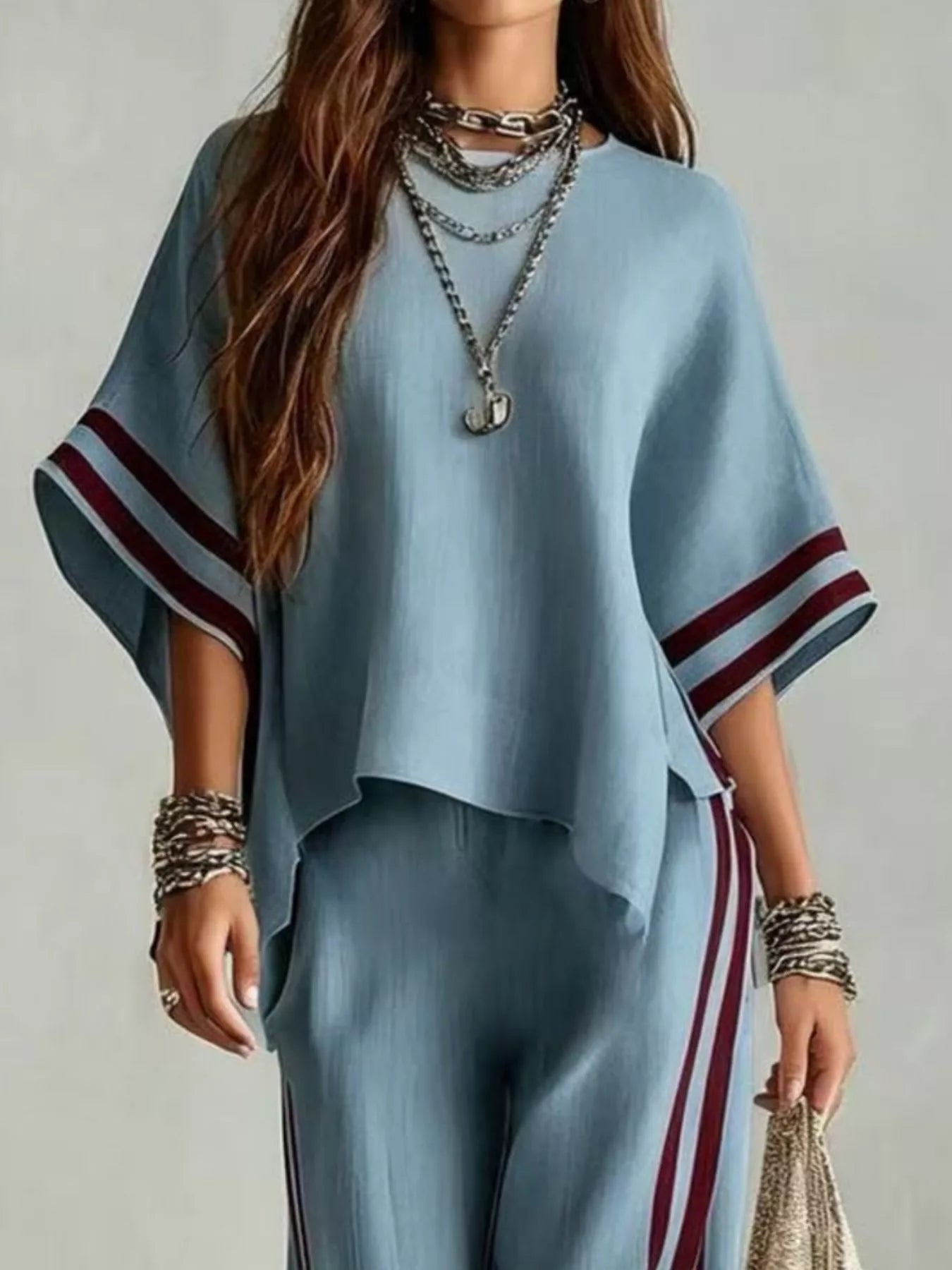 Full Size Striped 3/4 Sleeve Top and Pants Set Plus Size