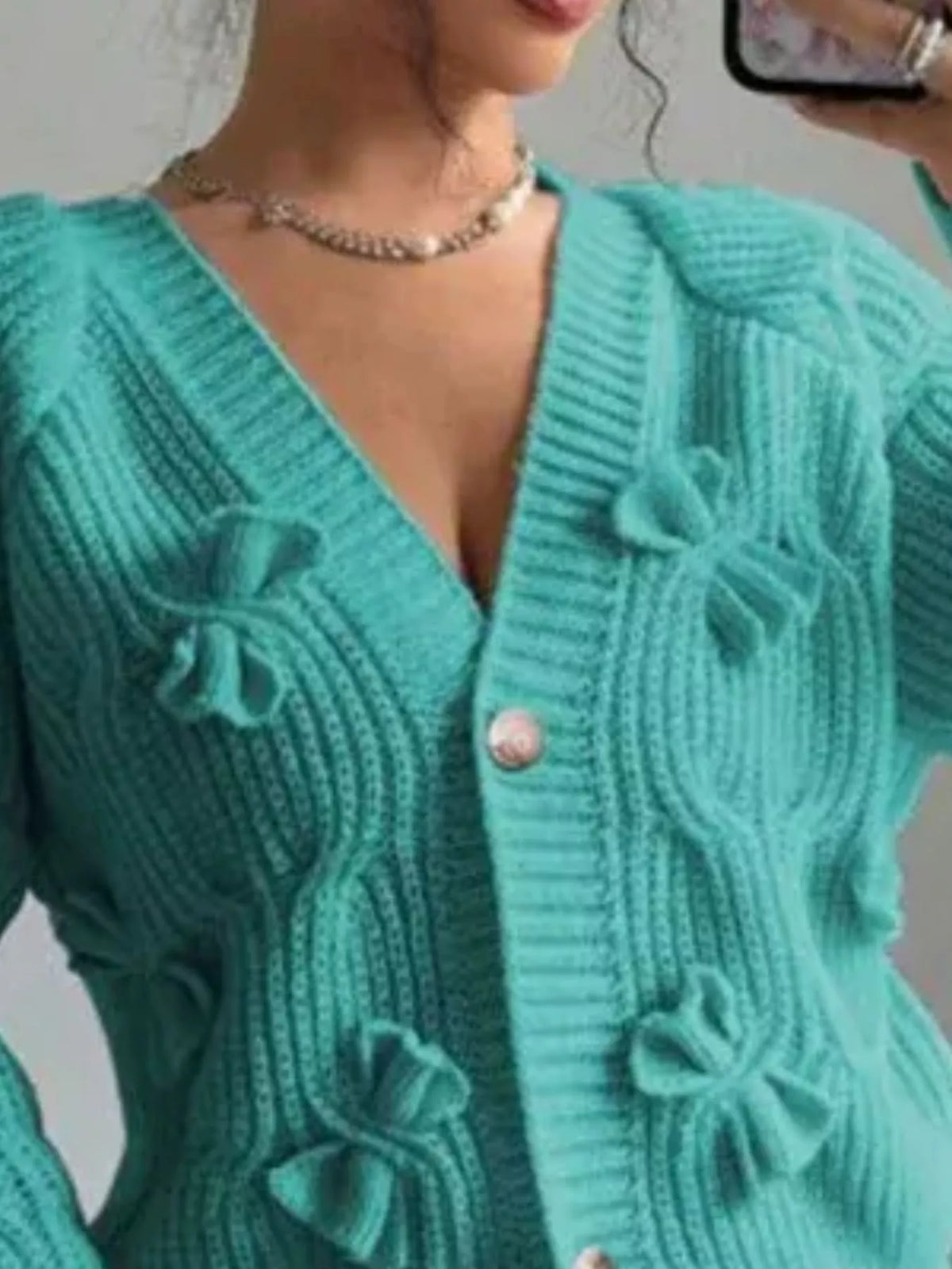 Bow Cable Knit V-Neck Cardigan