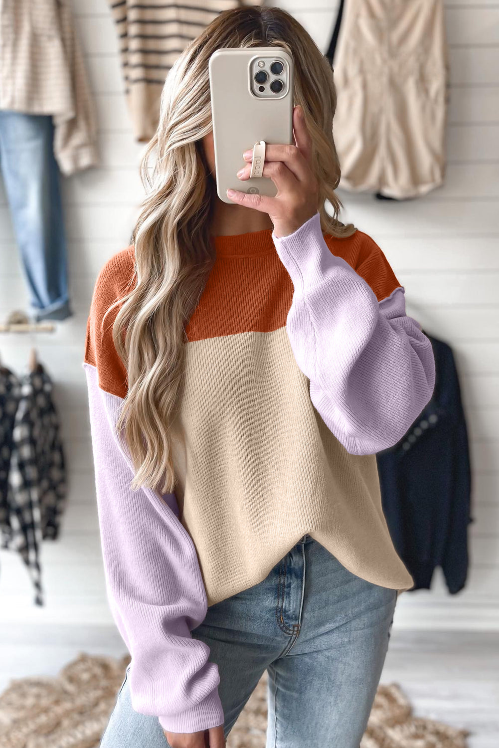 Colorblock Ribbed Knit Long Sleeve Sweater