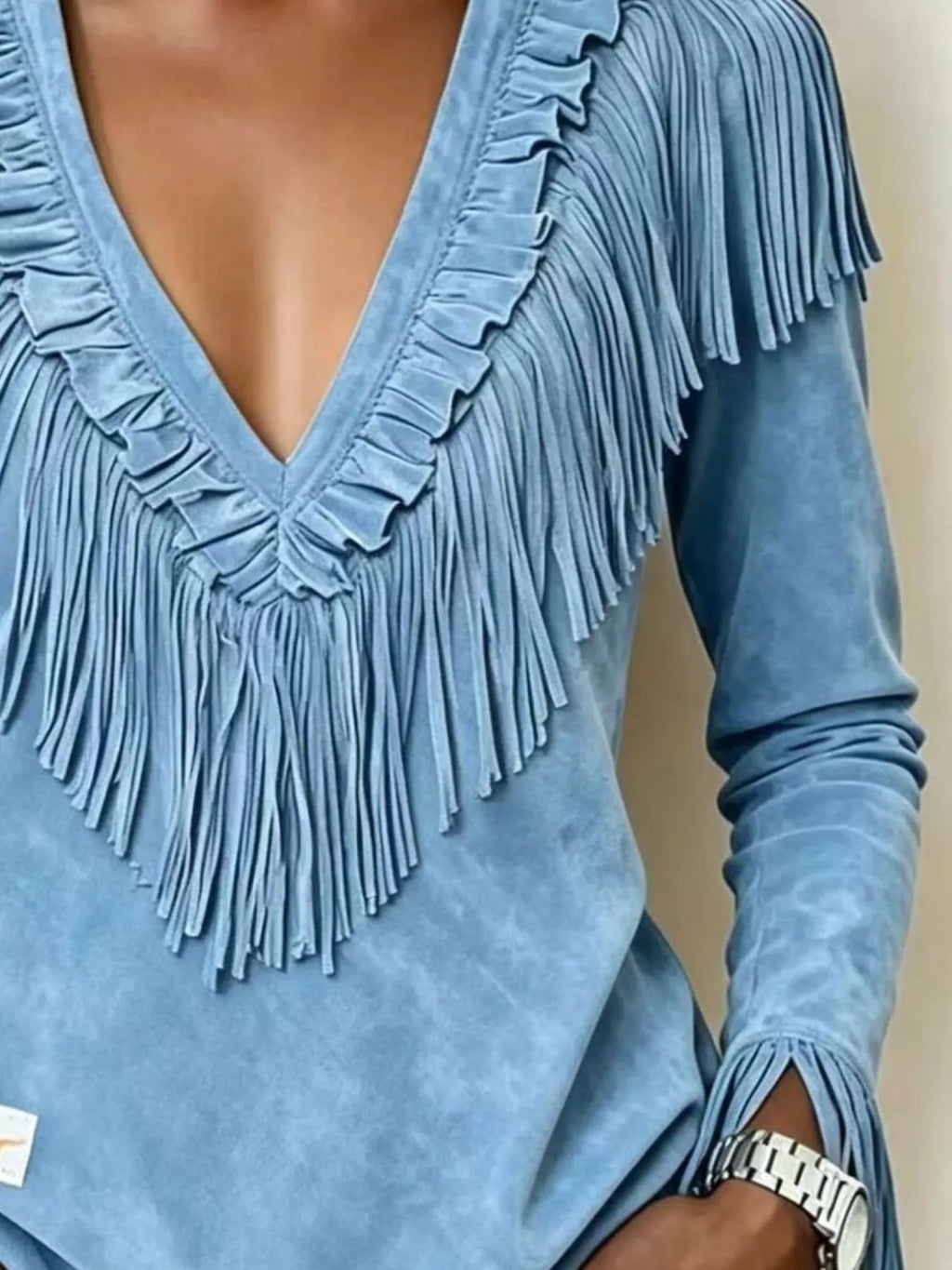 Fringed V-Neck Blouse