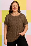 Khaki Plus Size Leopard Print Ribbed Trim Round Neck Tee
