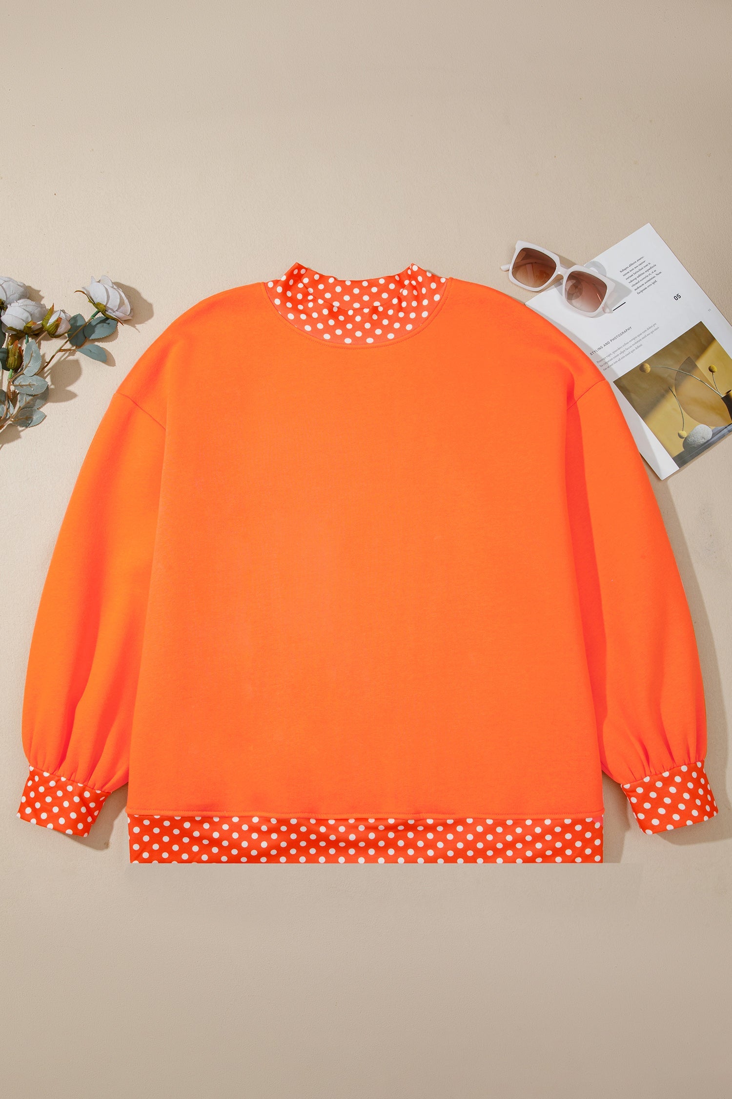 Orange Polka Dot Patchwork Round Neck Plus Size Sweatshirt
