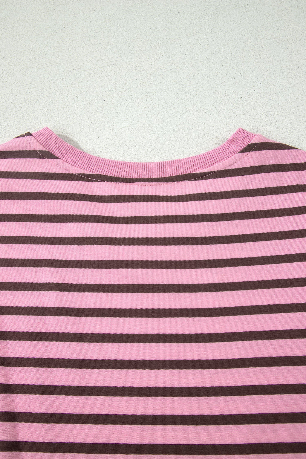 Rose Stripe Striped V-Neck Ribbed Collar Cuff Gathering Puff Sleeve Top