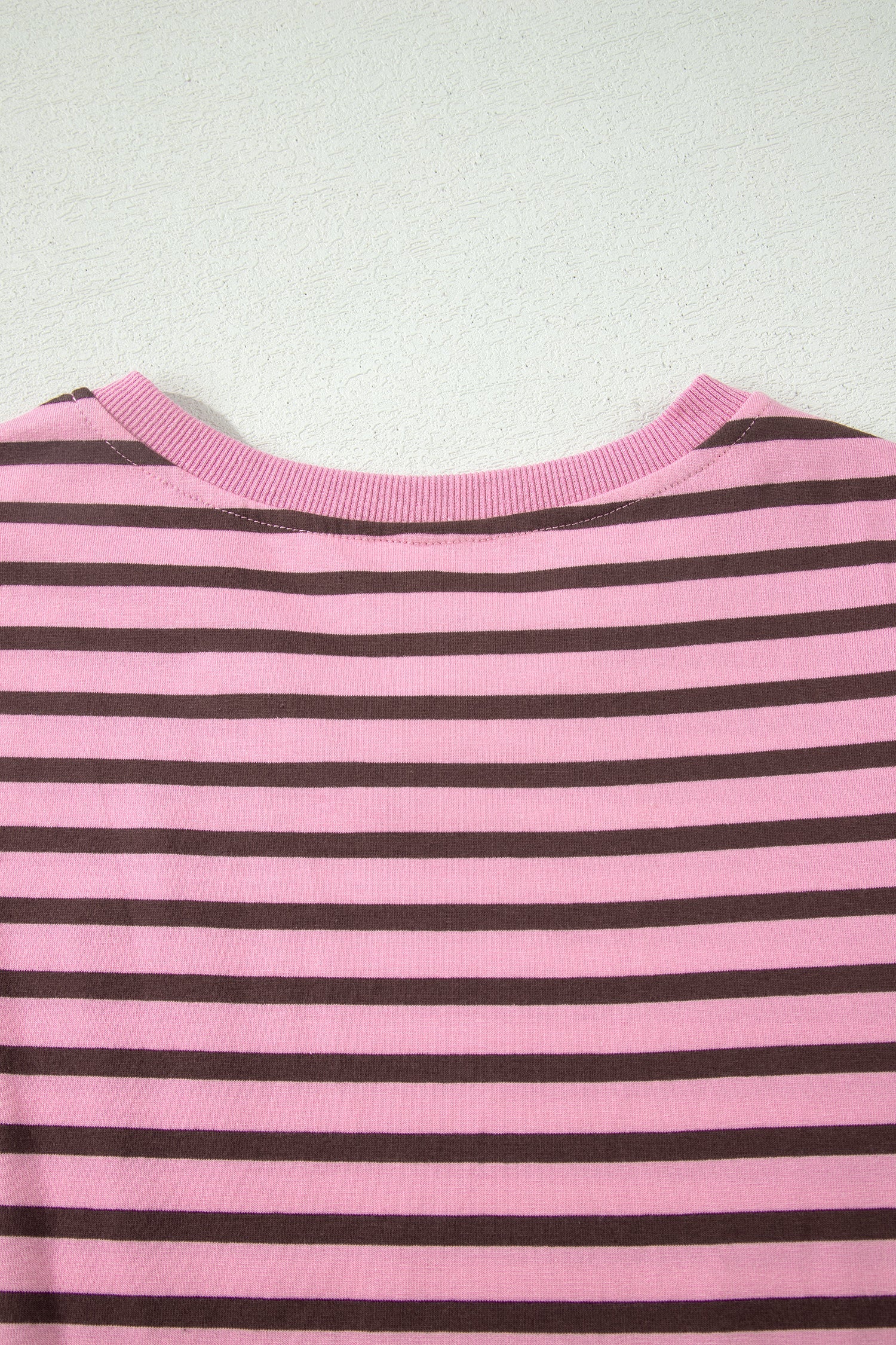 Rose Stripe Striped V-Neck Ribbed Collar Cuff Gathering Puff Sleeve Top