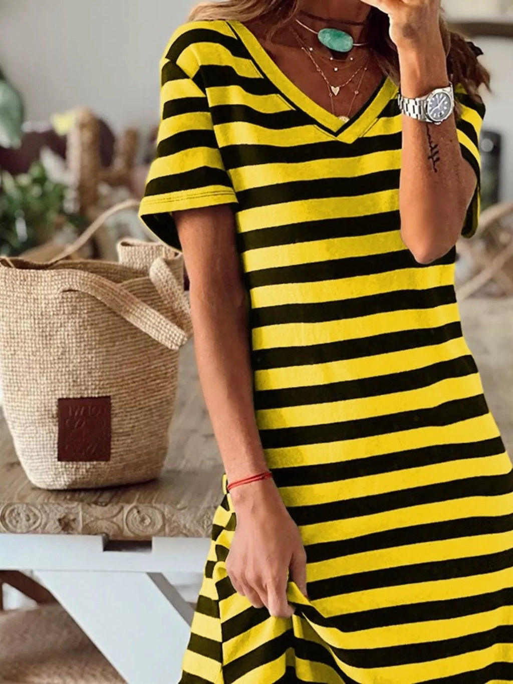 Full Size Striped V-Neck Midi Dress with Side Slit Plus Size