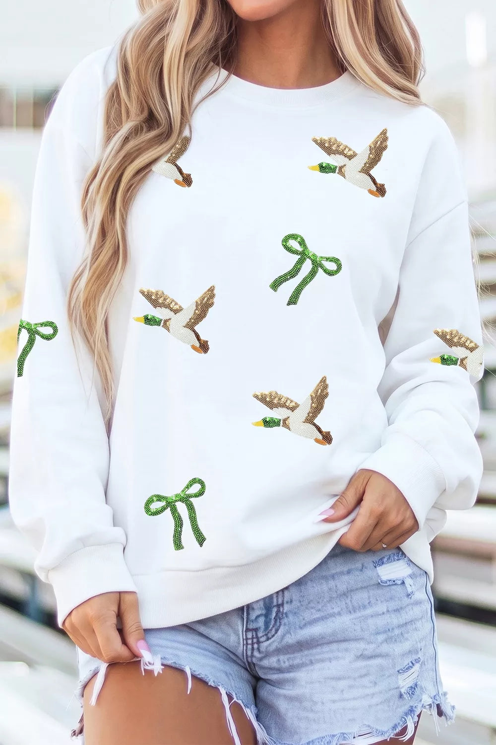 Sequin Mallard Bow Crewneck Pullover Sweatshirt