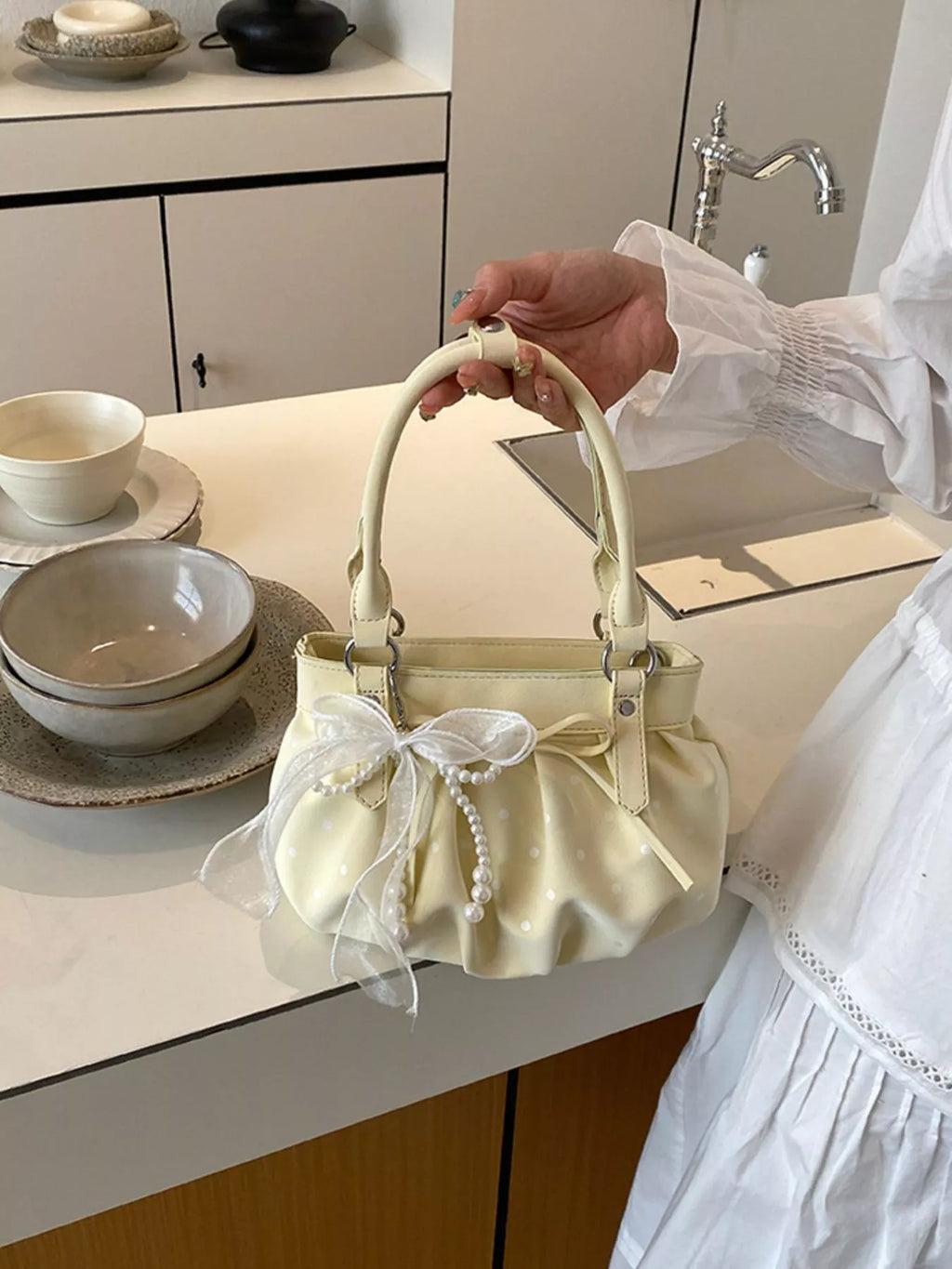 Ruched PU Leather Handbag