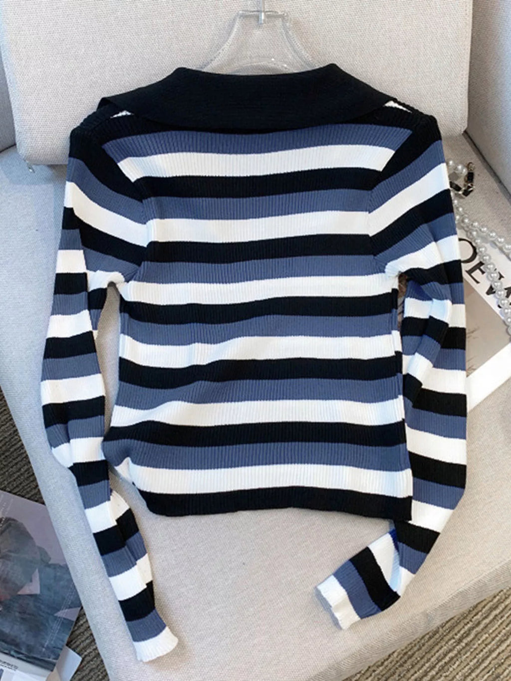 Striped Collared Cropped Knit Top