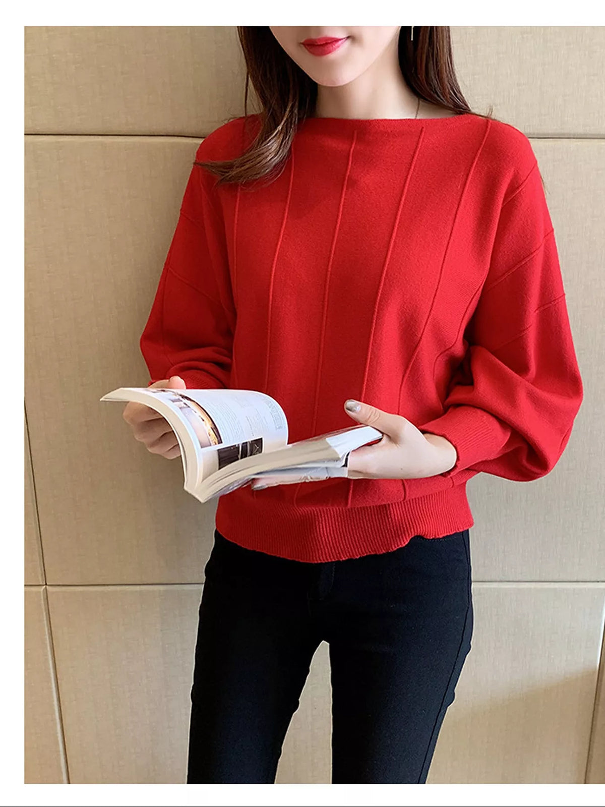 Ribbed Hem Batwing Sleeve Knit Top