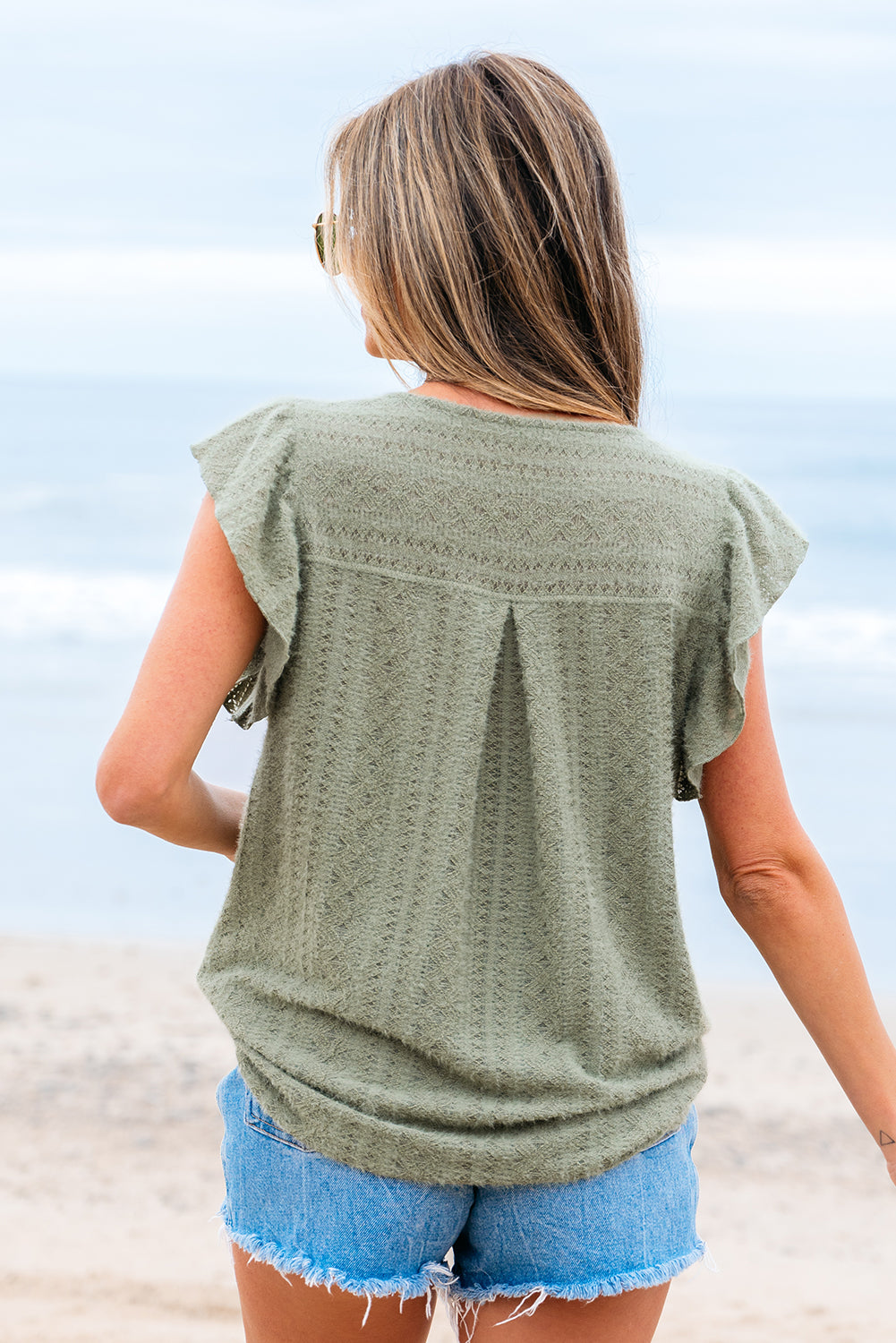 Laurel Green Flutter Sleeve Lace V Neck Shirt