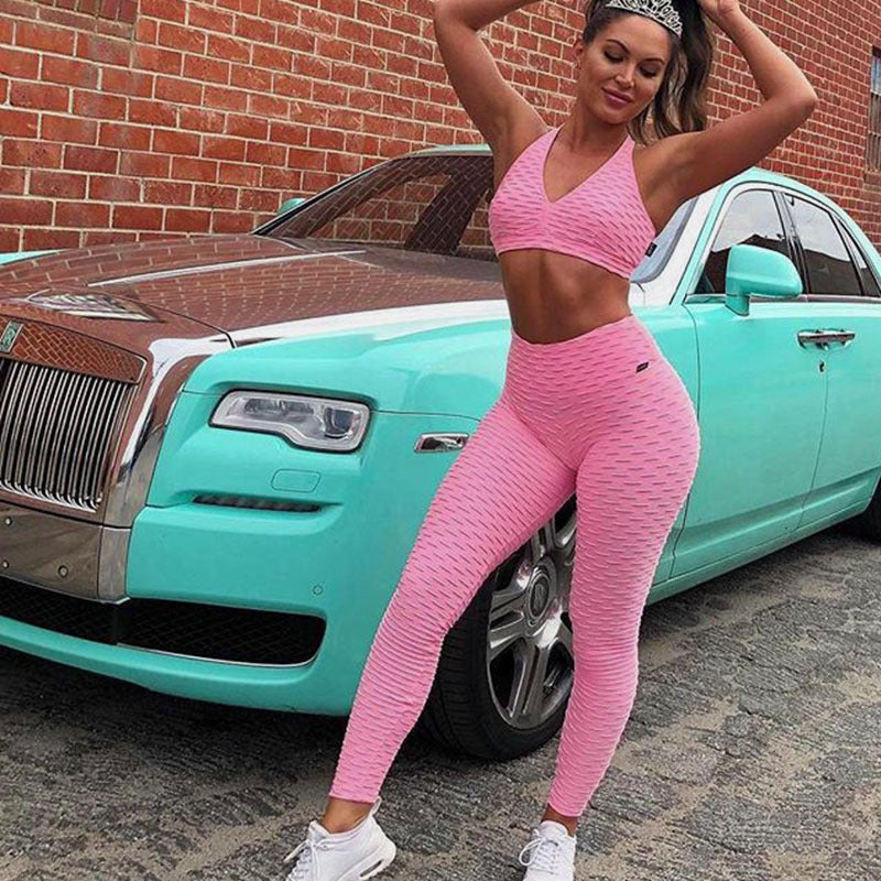 Explosive Style Yoga Wear European And American Long Strip Bubble Net High Waist Yoga Pants Yoga Wear