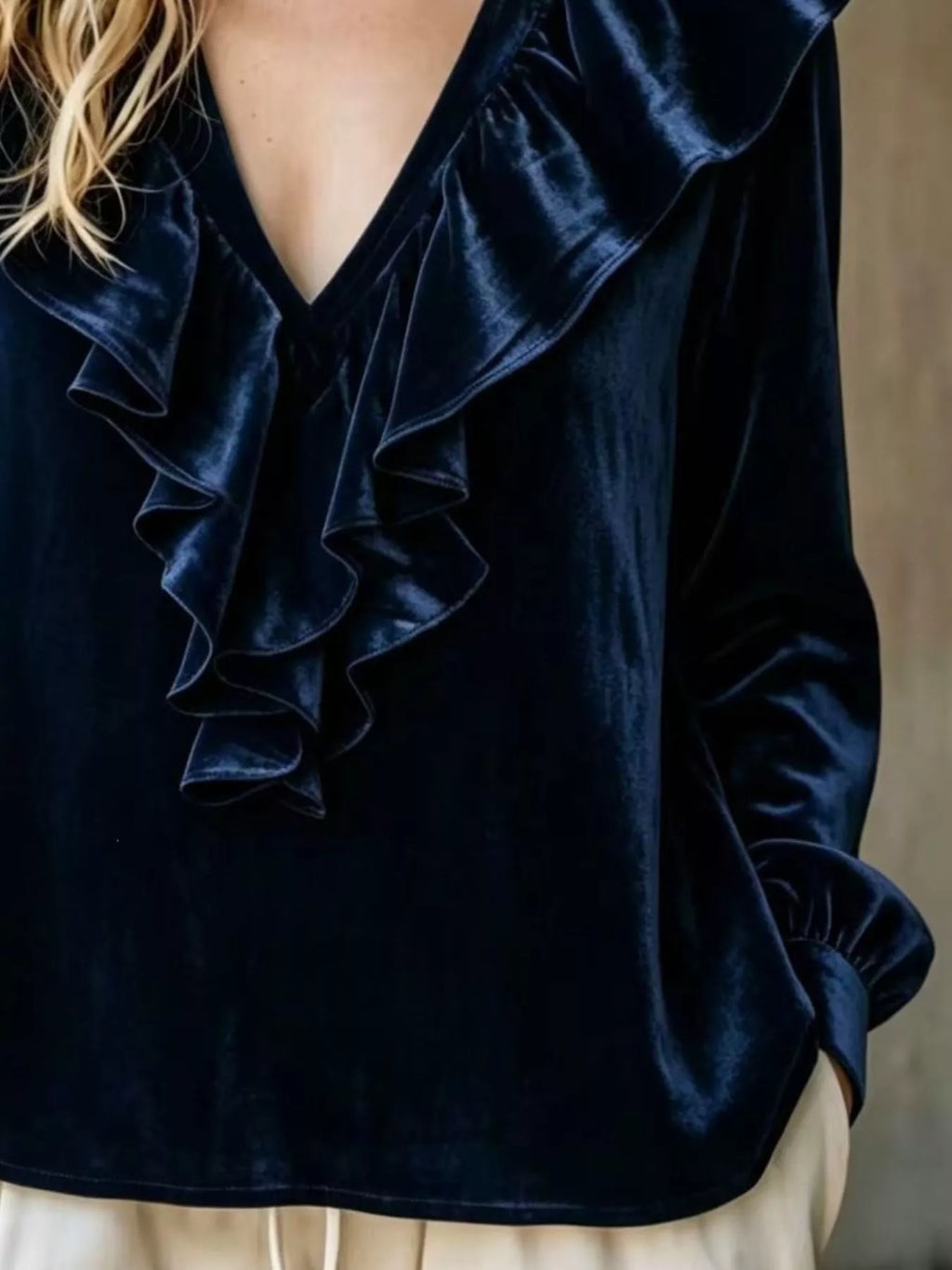 Full Size Velvet Ruffle V-Neck Blouse Plus Size