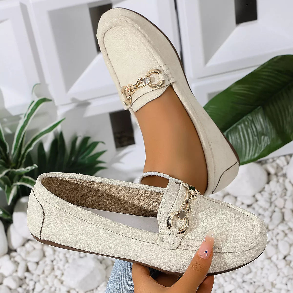 Comfortable Flat Loafers with Decorative Buckle