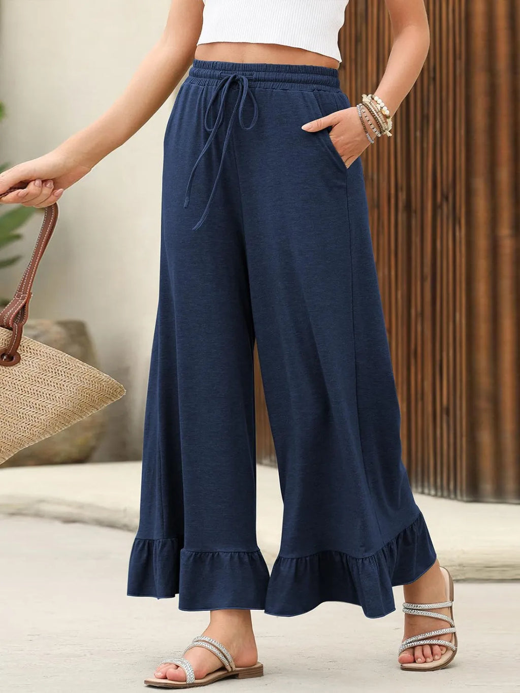 Ruffled Hem Wide Leg Pants