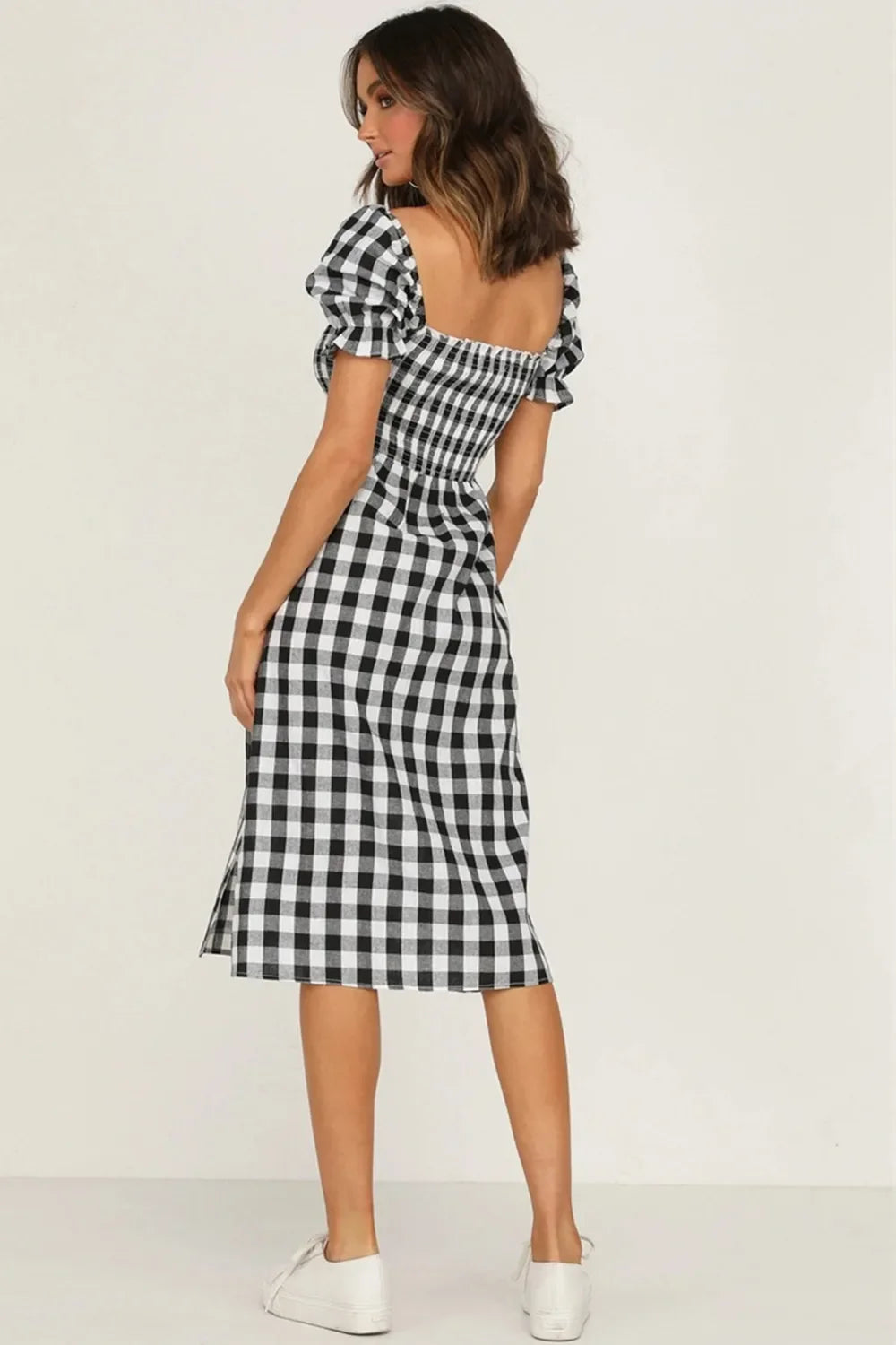Full Size Slit Plaid Short Sleeve Midi Dress