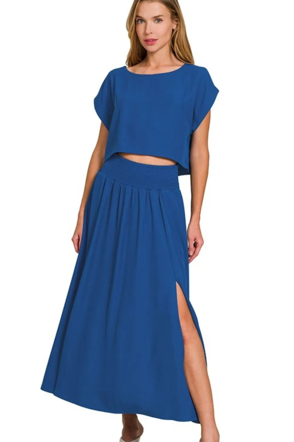 Round Neck Crop Tee and Side Slit Maxi Skirt Set