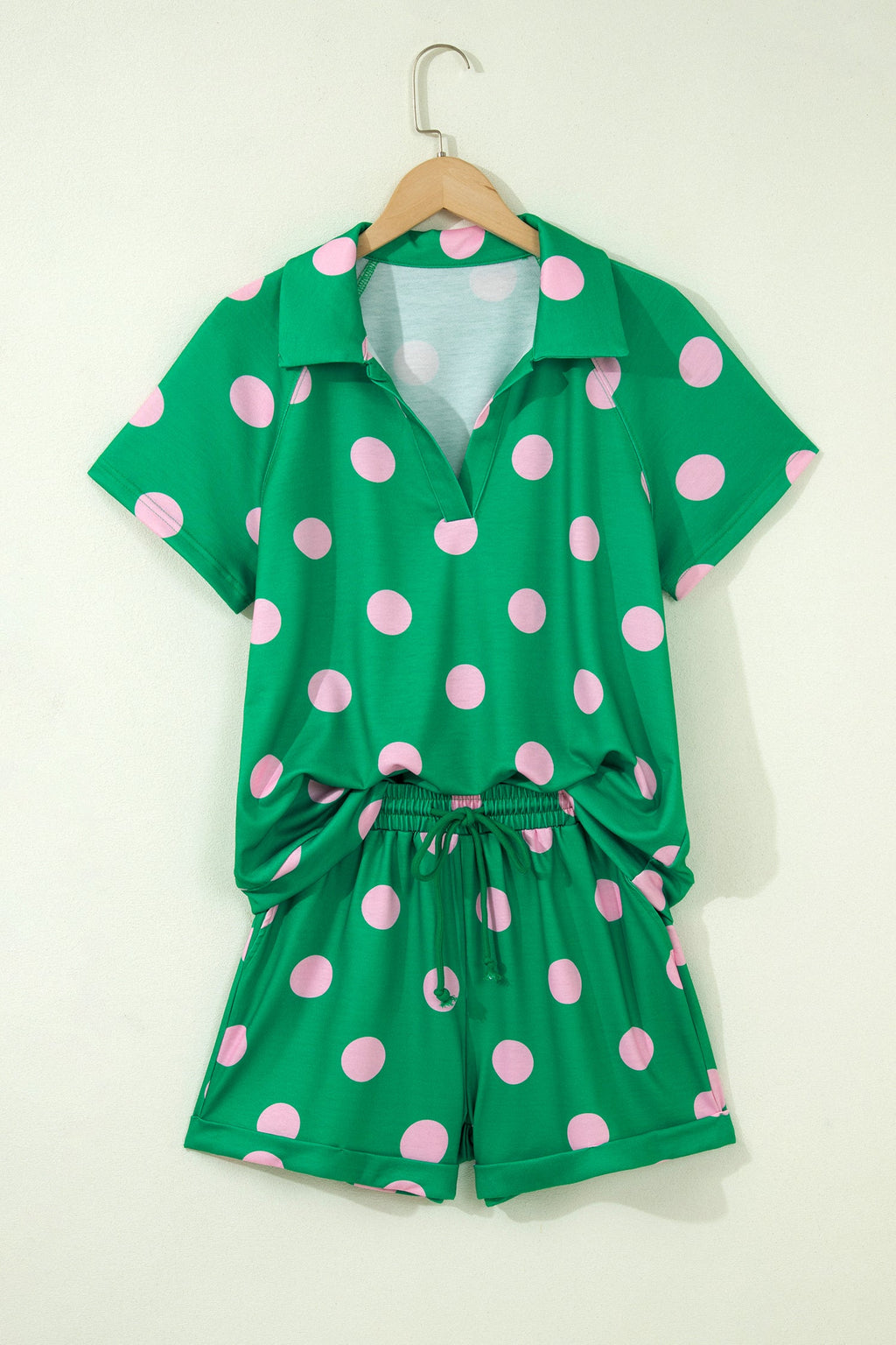 Pink Polka Dot Print V Neck Tee Short Set