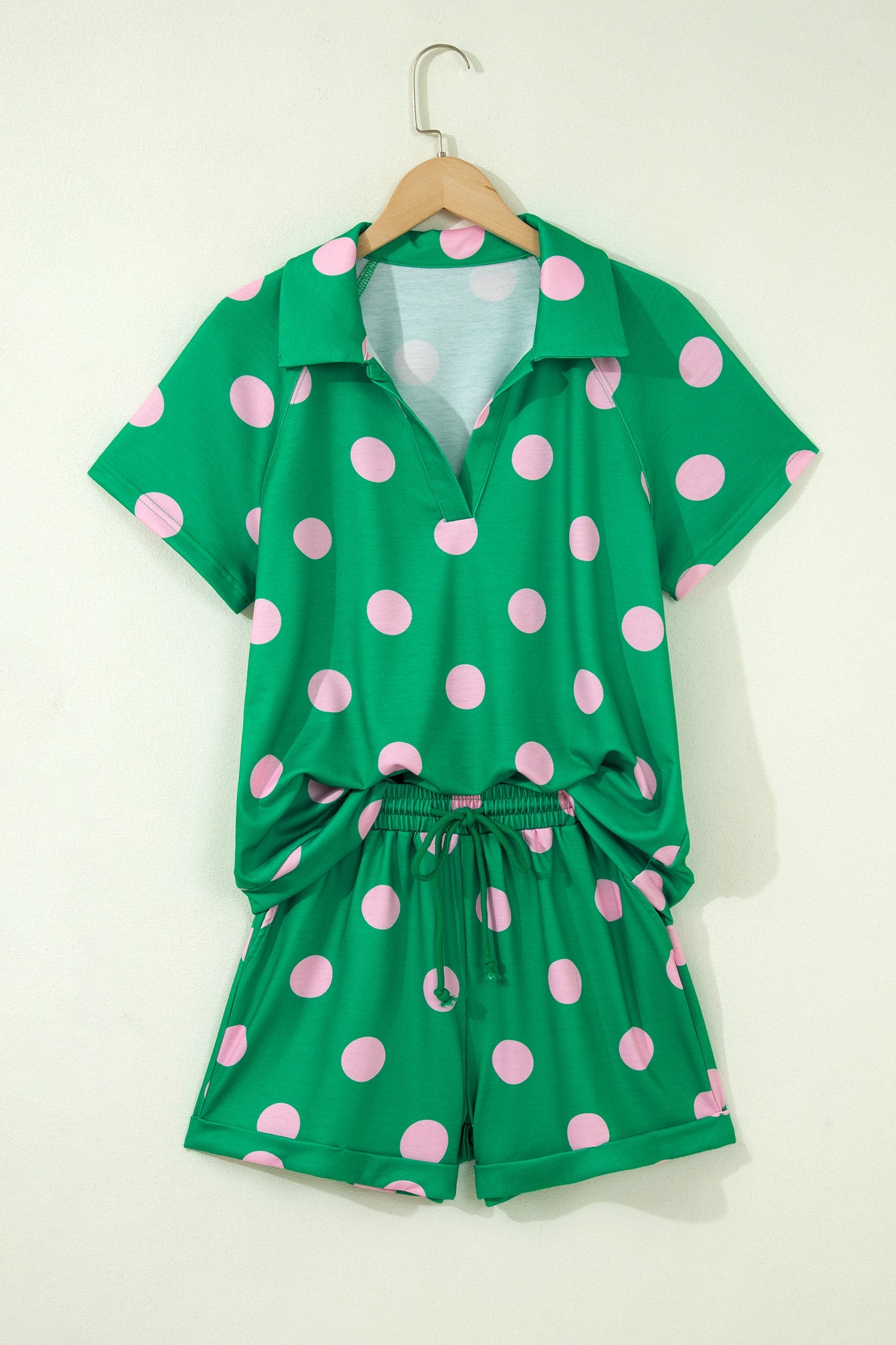 Pink Polka Dot Print V Neck Tee Short Set