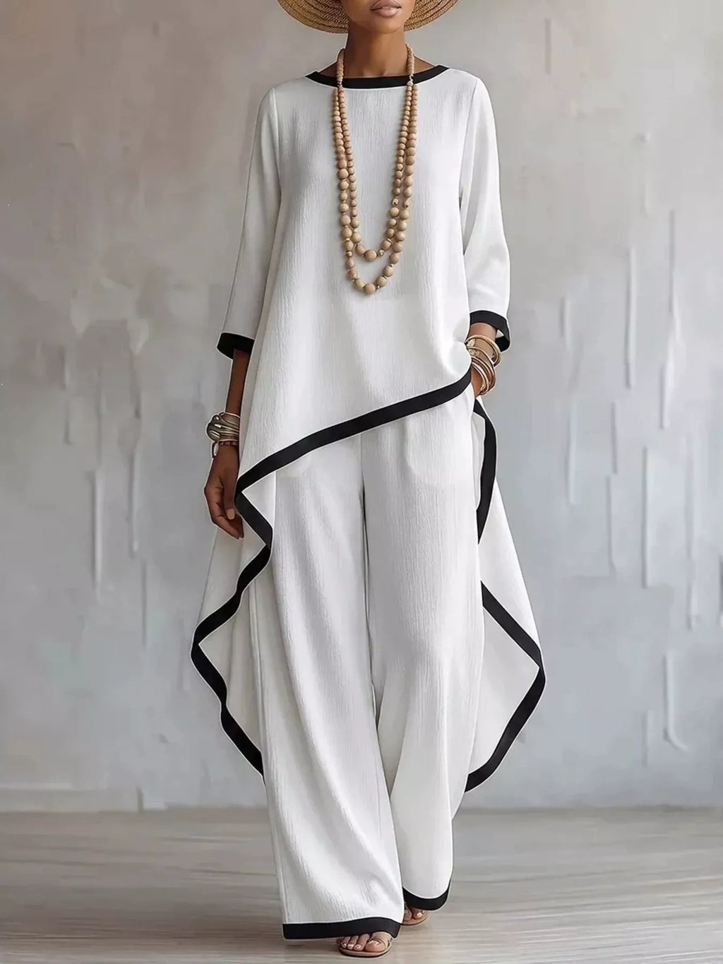 Full Size Contrast Trim High-Low Top and Pants Set Plus Size