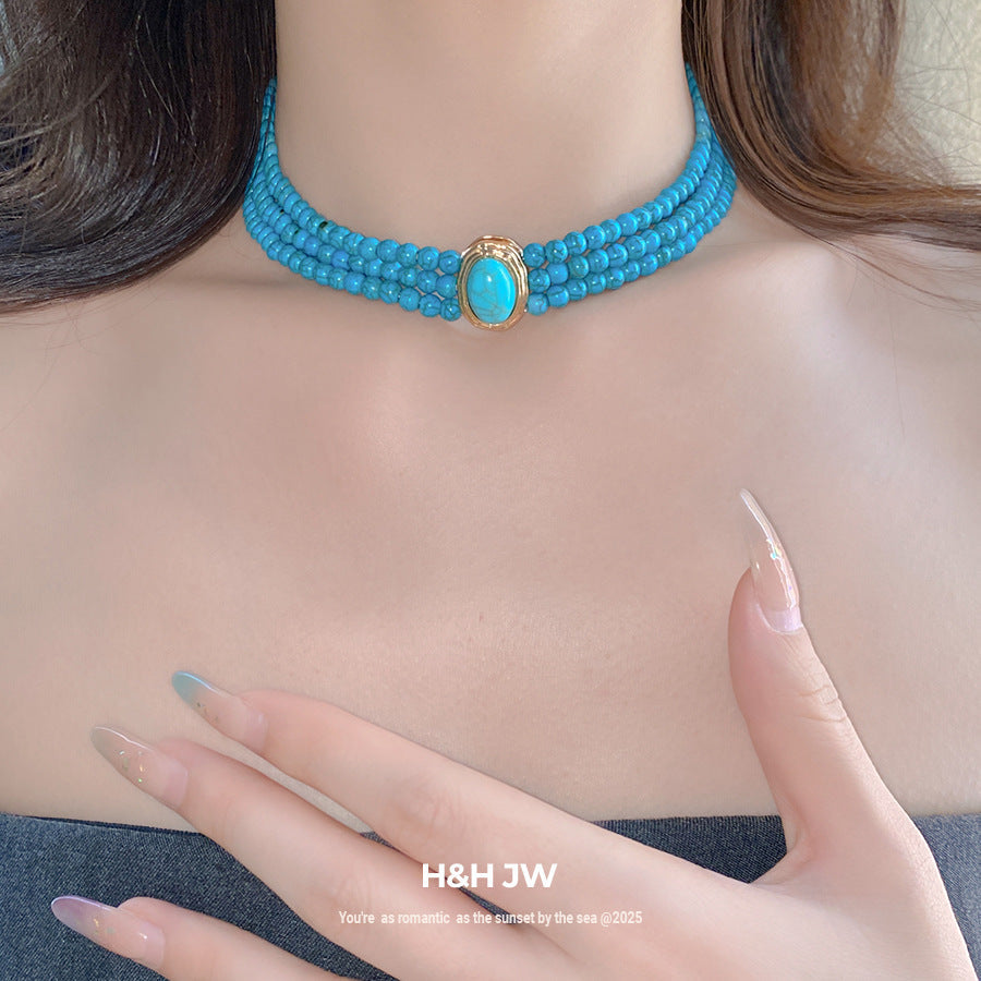European And American Multi-Layered Green Stone Beaded Necklace For Women, Fashionable And Simple Clavicle Chain, Retro Ethnic Style Necklace Wholesale