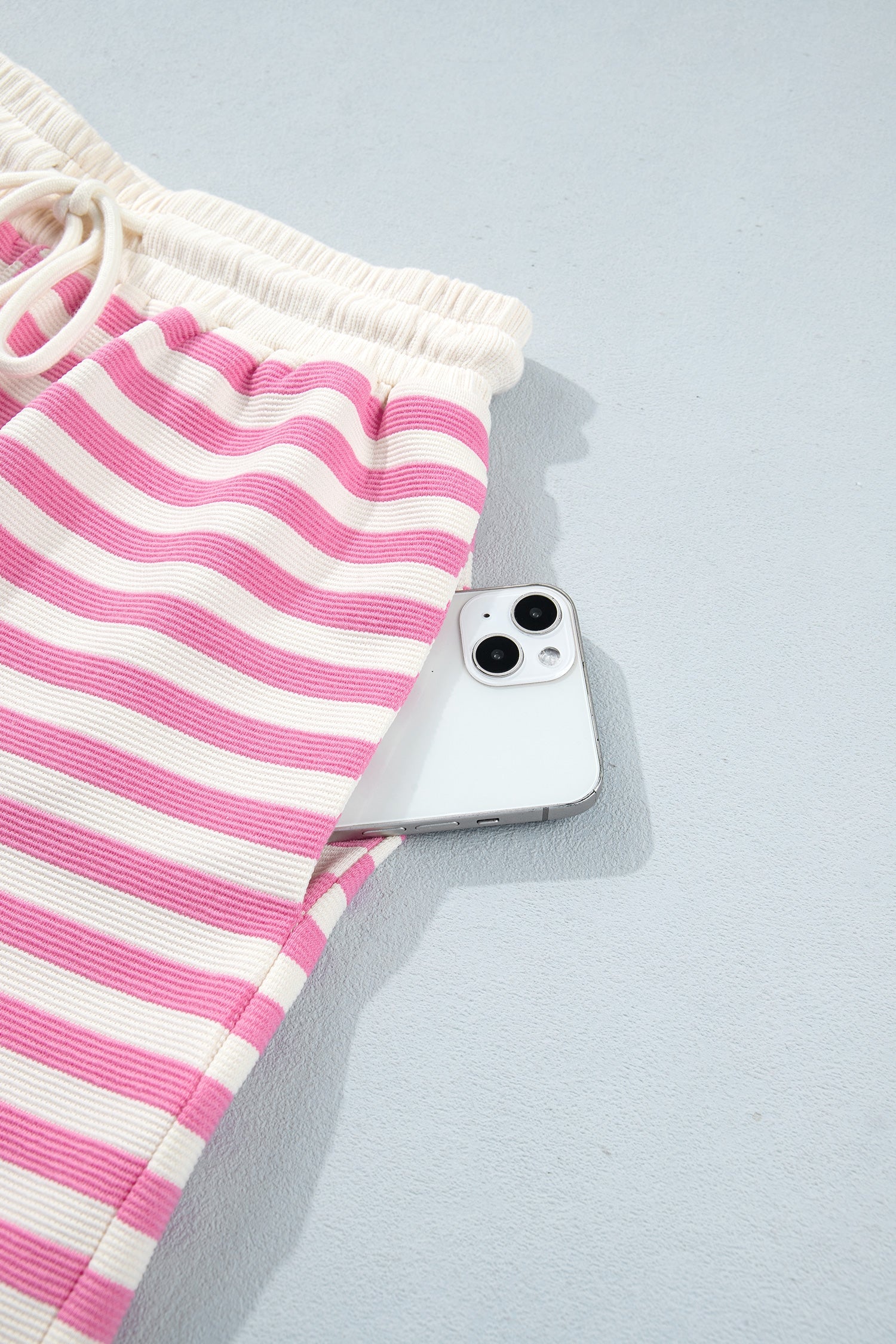 Pink Striped Long Sleeve Crew Neck Drawstring Waist Shorts Set