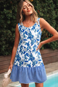Sky Blue Floral Print U Neck Sleeveless Striped Ruffle Hem Patchwork Dress