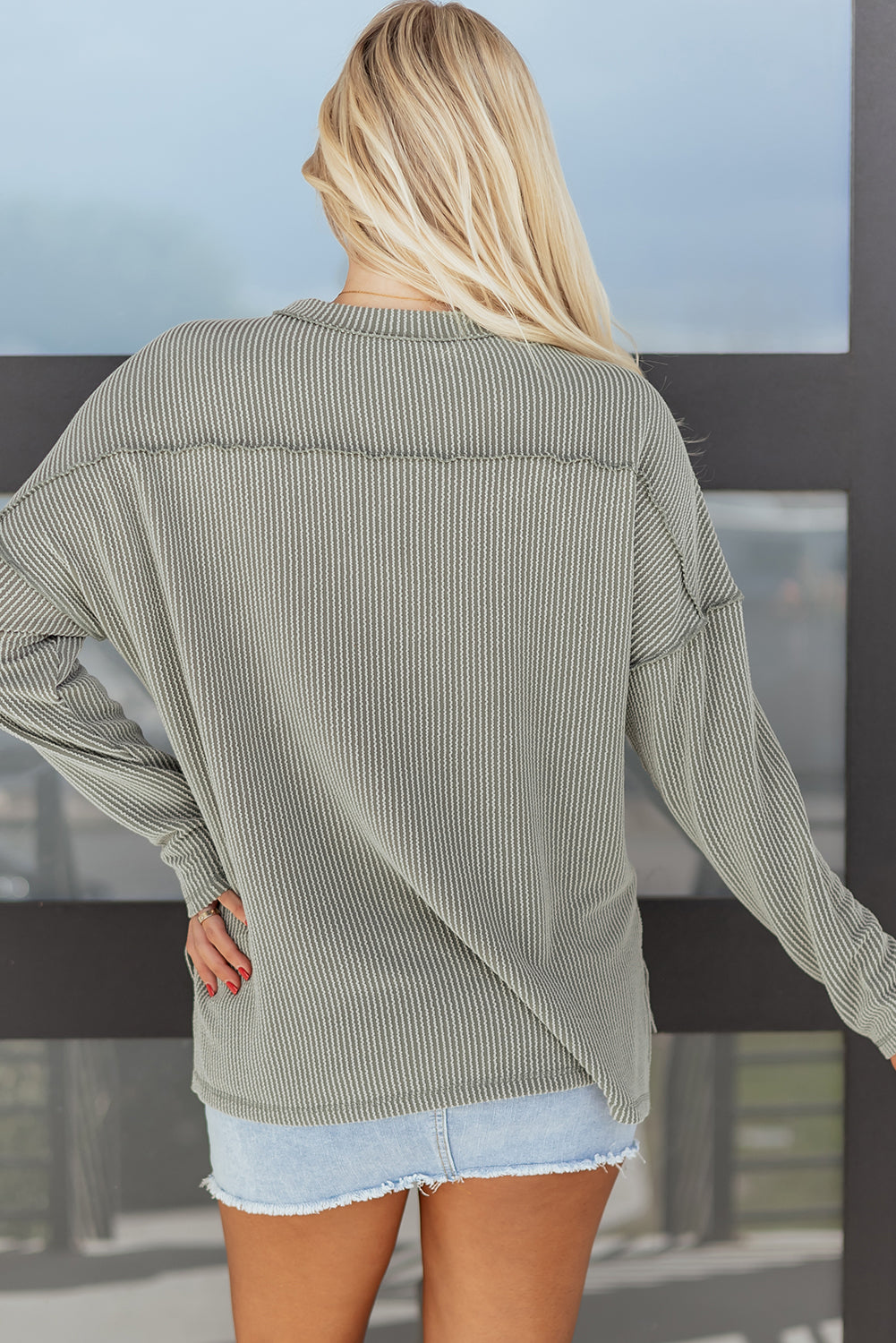Solid Corded Knit Long Sleeve Top