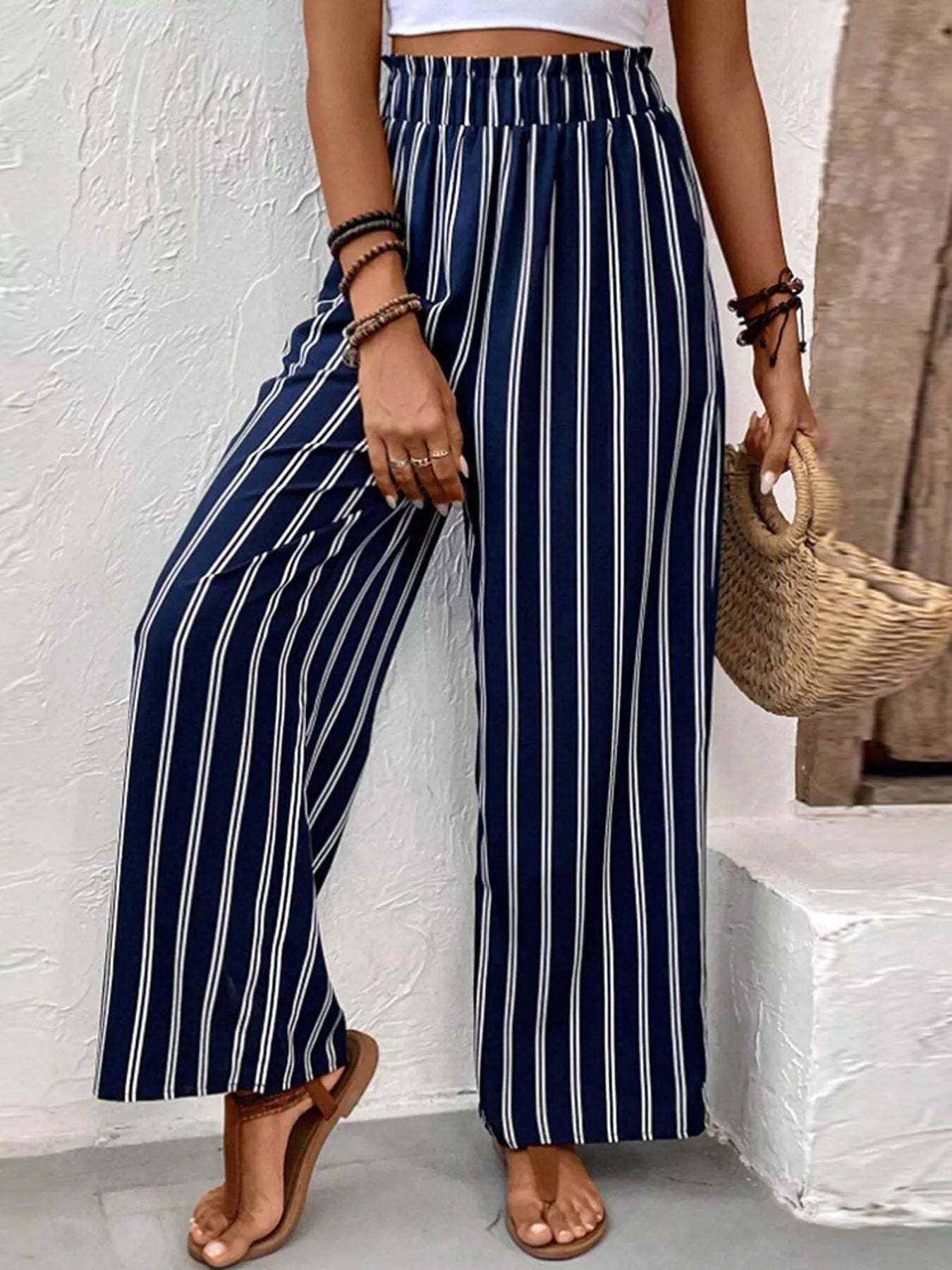 Striped Wide-Leg Pants with Elastic Waistband