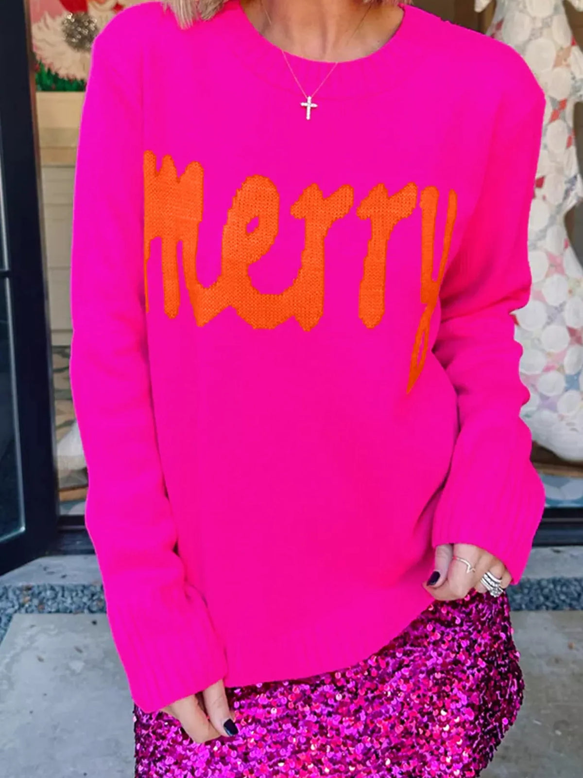 Merry Print Ribbed Trim Round Neck Loose Fit Sweater