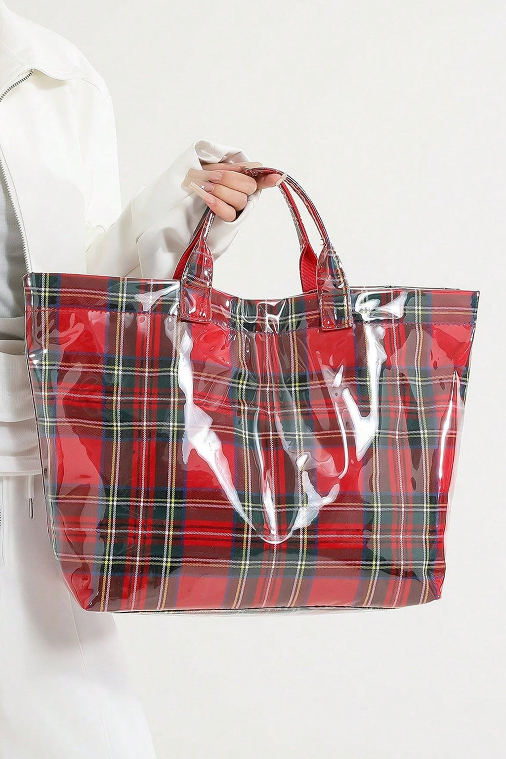 Fiery Red Plaid Pattern PVC Glossy Waterproof Tote Bag