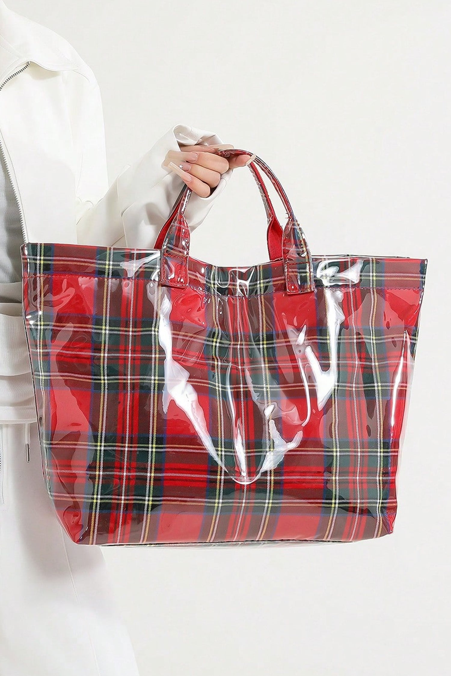 Fiery Red Plaid Pattern PVC Glossy Waterproof Tote Bag