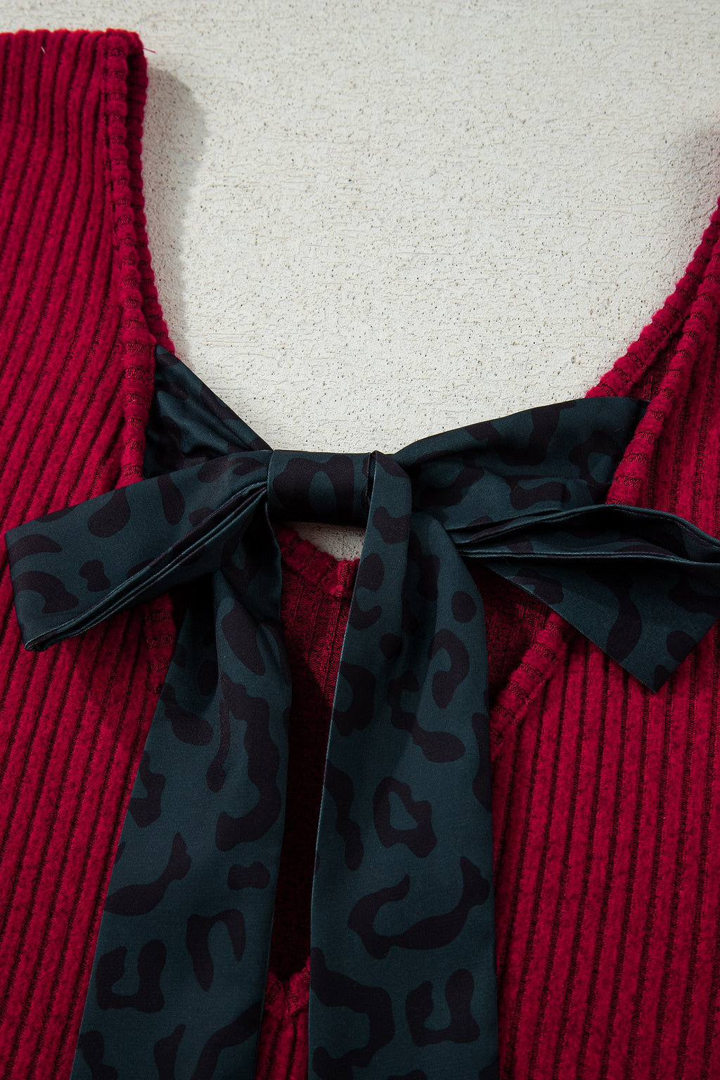 Leopard Bow Back Ribbed Knit Long Sleeve Top