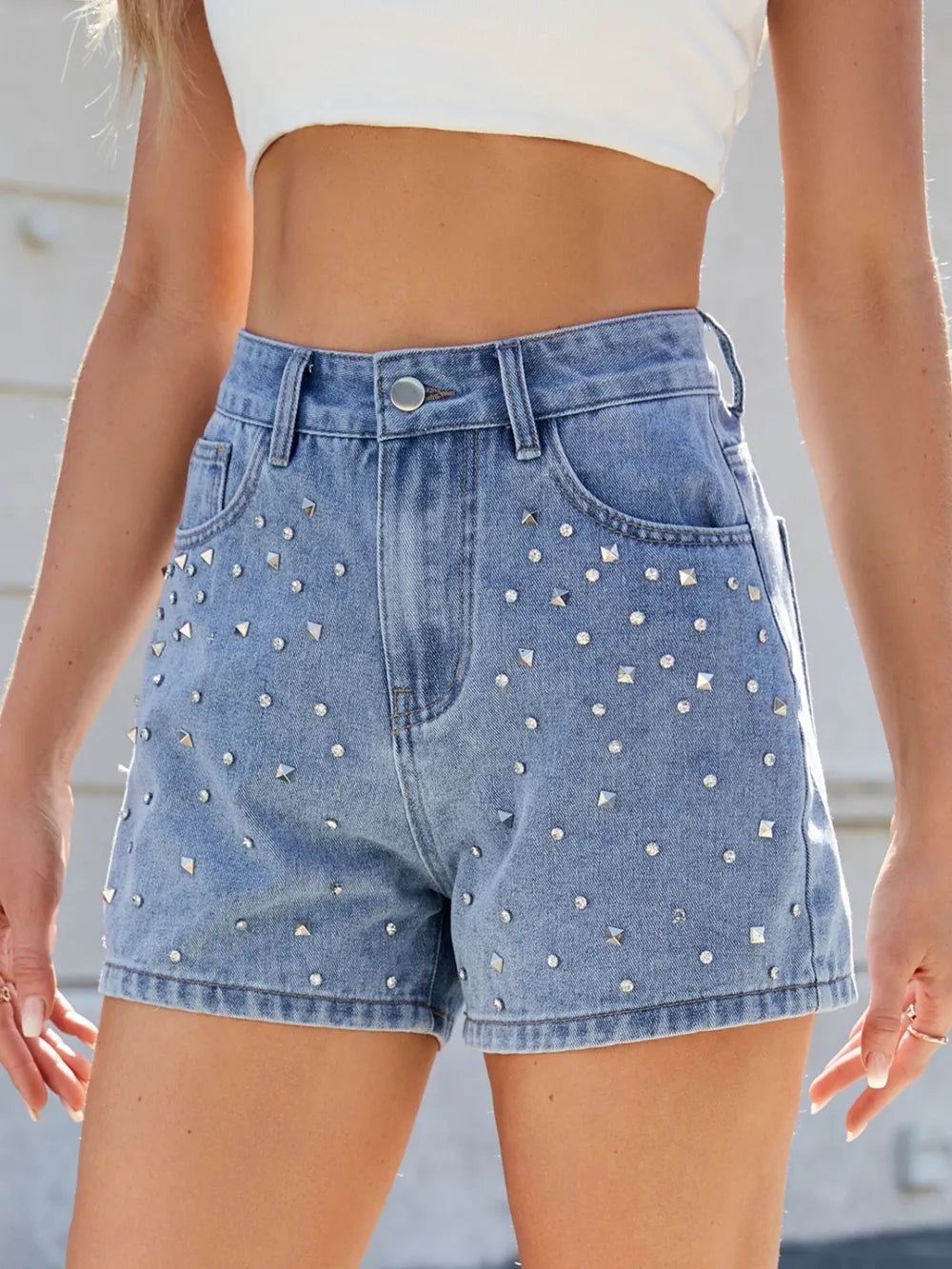 Rhinestone Washed High-Waist Denim Shorts