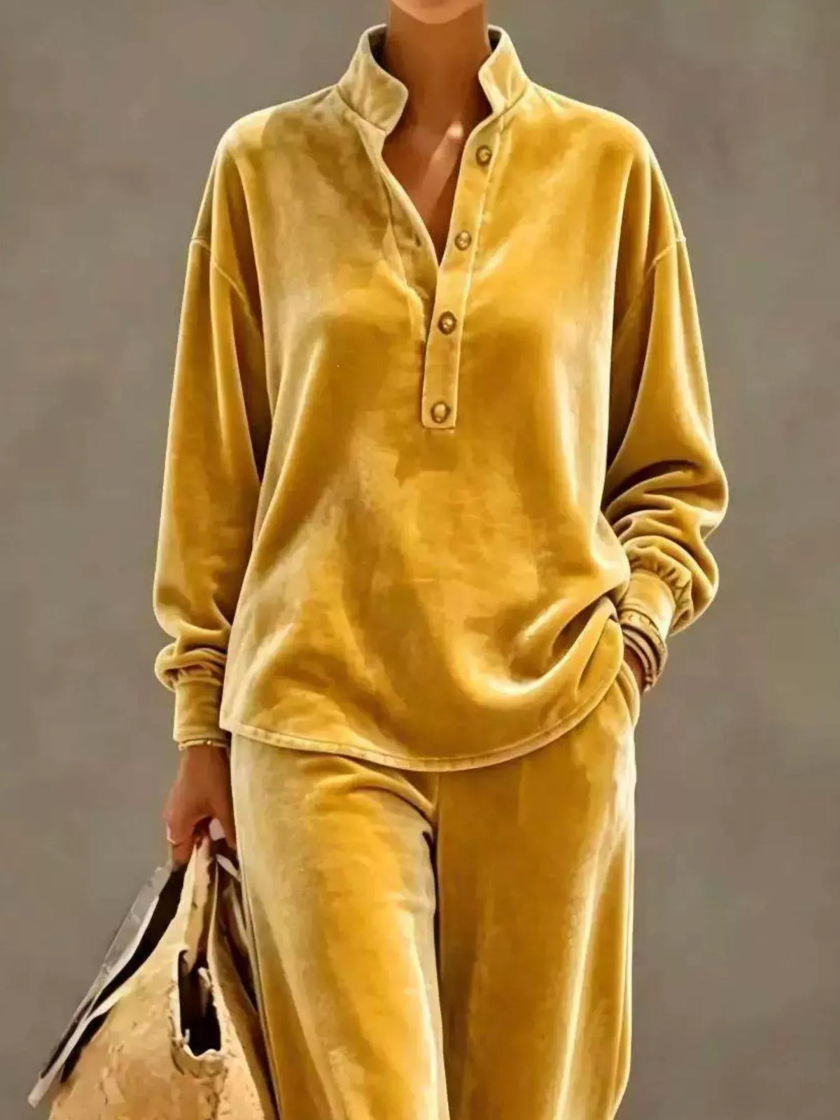 Full Size Half Button Top and Wide Leg Pants Set Plus Size