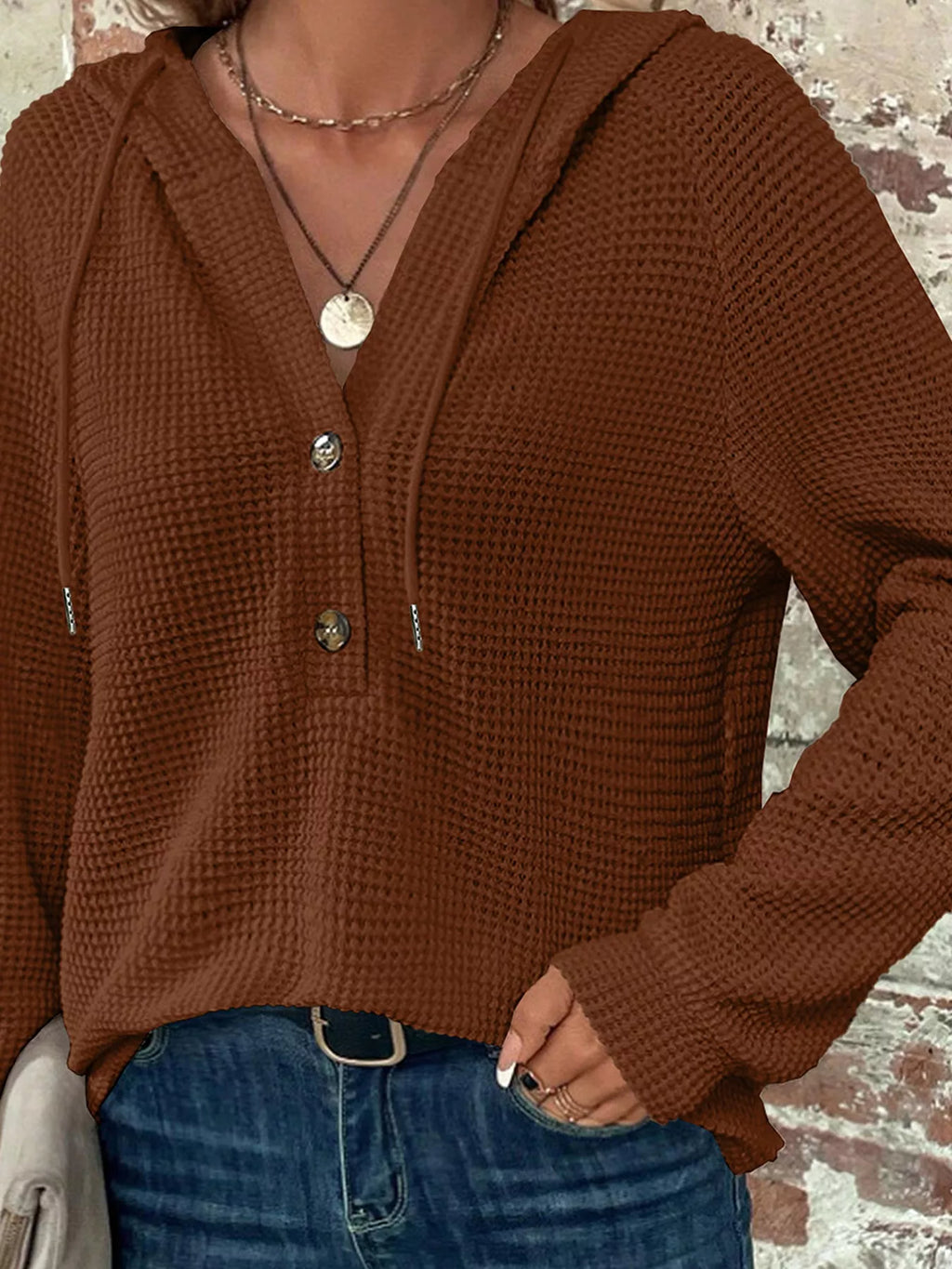 Waffle Knit Hooded Top with Drawstring